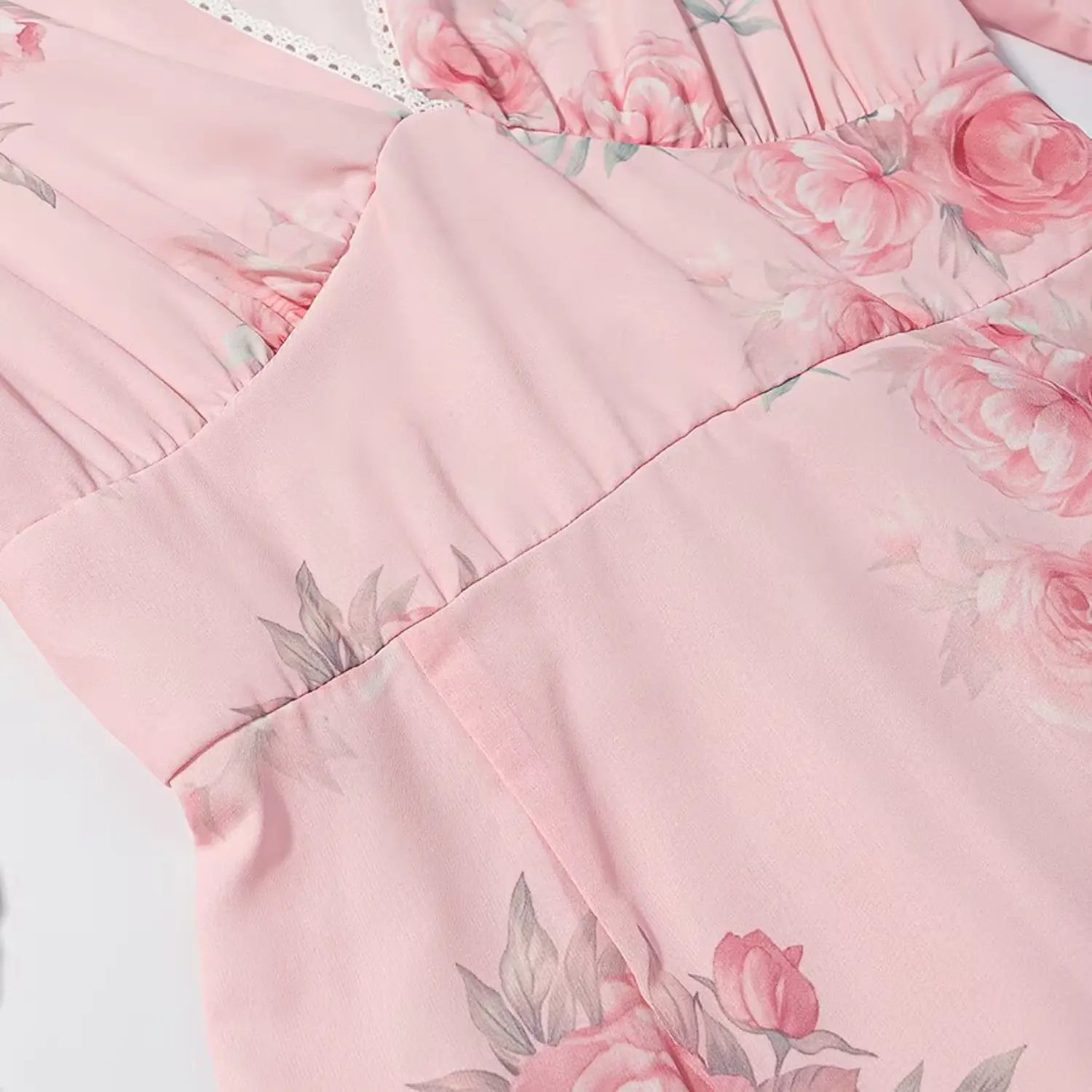 1. Waist cinch seam close-up, fitted natural waist transition to flared mermaid skirt, lightweight flowy chiffon fabric