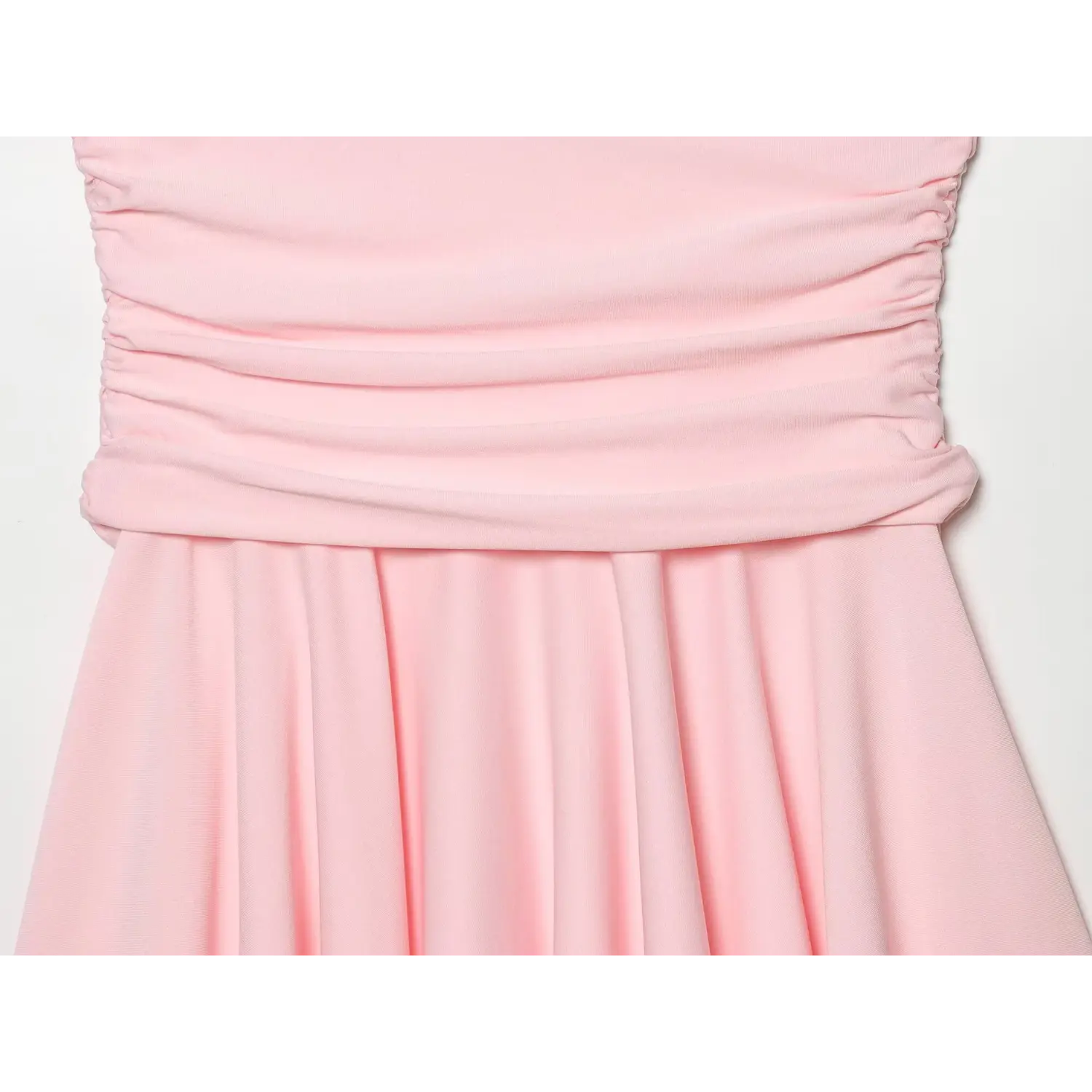 Light pink sleeveless dress waist wrap band connecting skirt, folded fabric design close-up