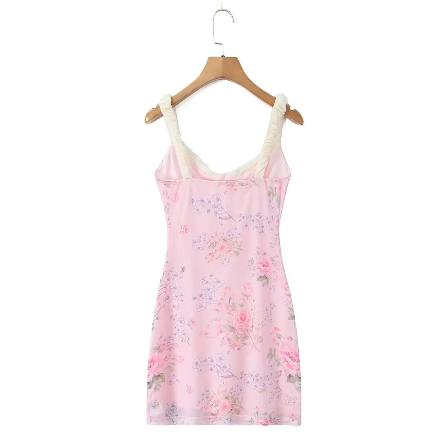 Back view pink mesh bodycon mini dress, cream ruched cami straps, pink rose floral print, hanging on wooden hanger