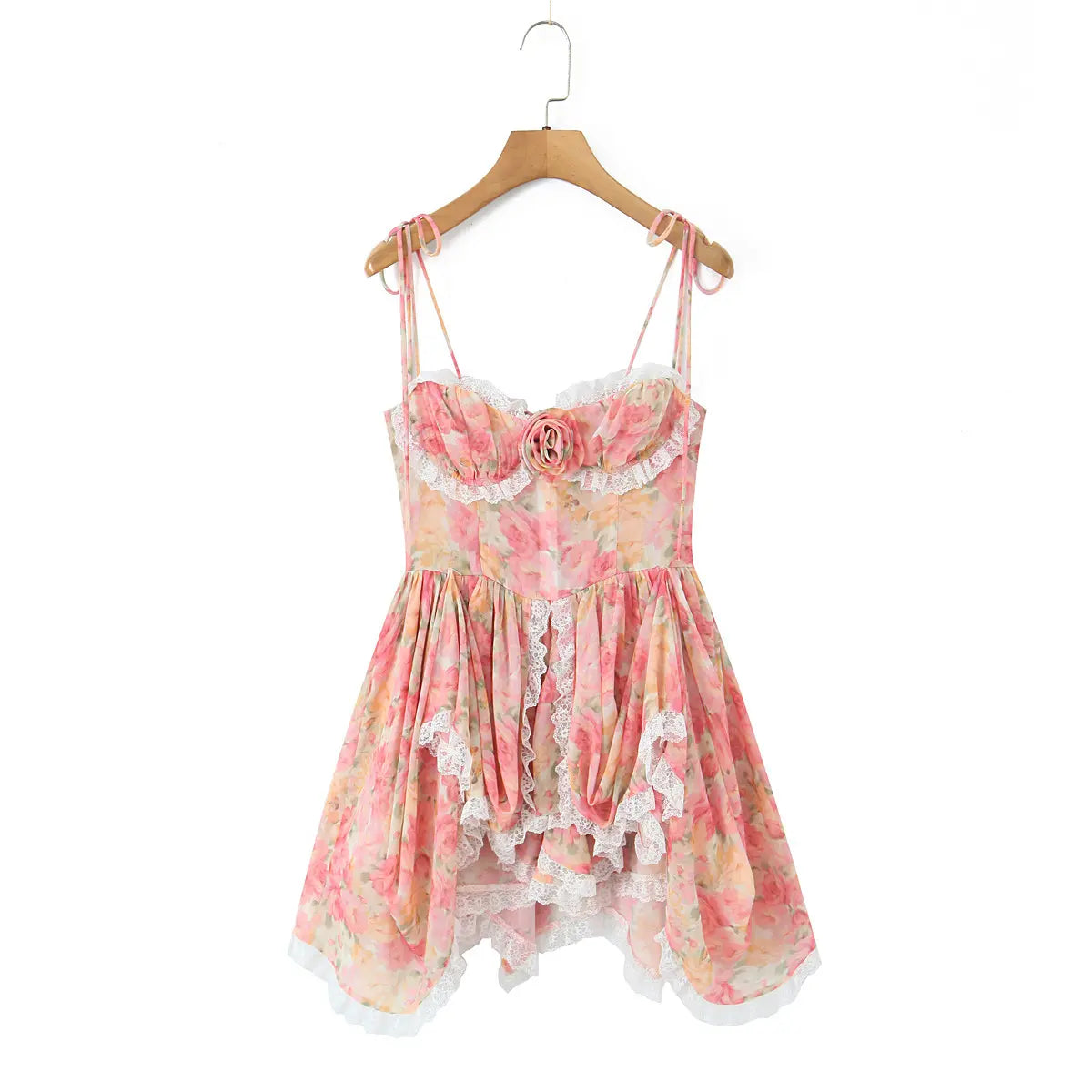 Full view of the dress on a hanger, showcasing the floral print, lace trim, 3D rose detail, and tiered skirt.
