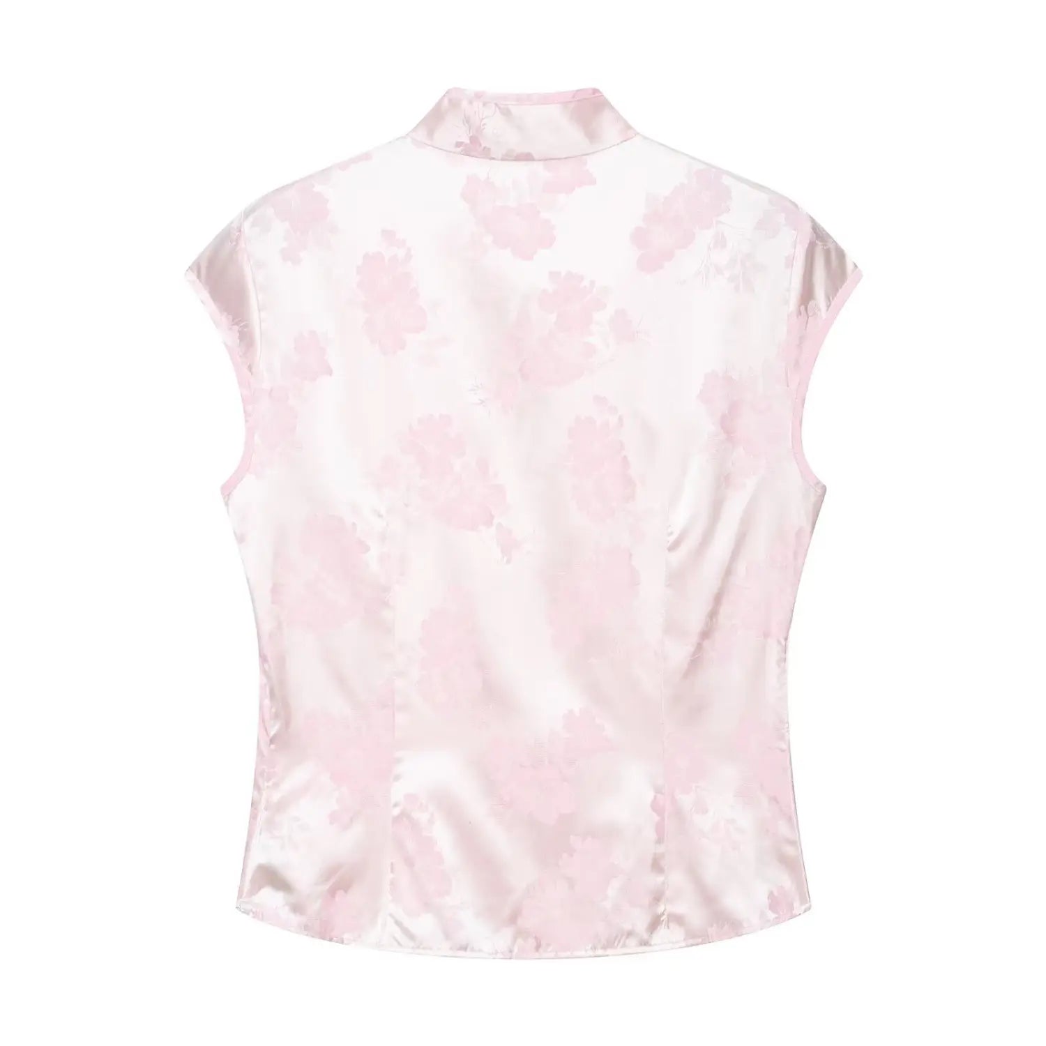 Complete back flat view, all-over pink floral jacquard woven fabric, vertical princess seams, clean sleeveless cut