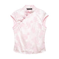 Full front flat lay main shot of light pink floral jacquard blouse, stand cheongsam collar, diagonal frog buttons, cap sleeveless, slim cropped silhouette