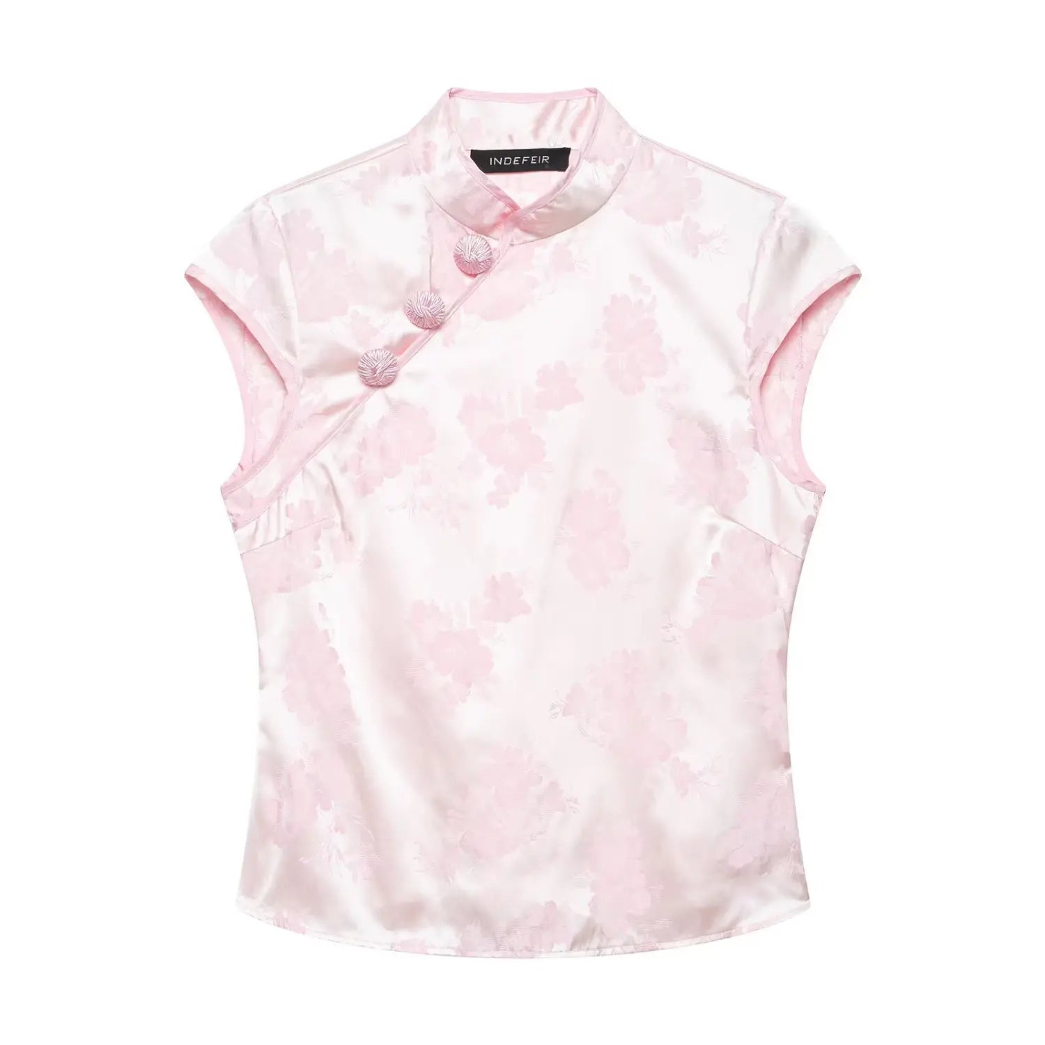 Full front flat lay main shot of light pink floral jacquard blouse, stand cheongsam collar, diagonal frog buttons, cap sleeveless, slim cropped silhouette