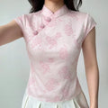 Front lifestyle shot on model, mandarin stand collar diagonal frog button floral jacquard top, matched with white pleated skirt, new chinese casual outfit

