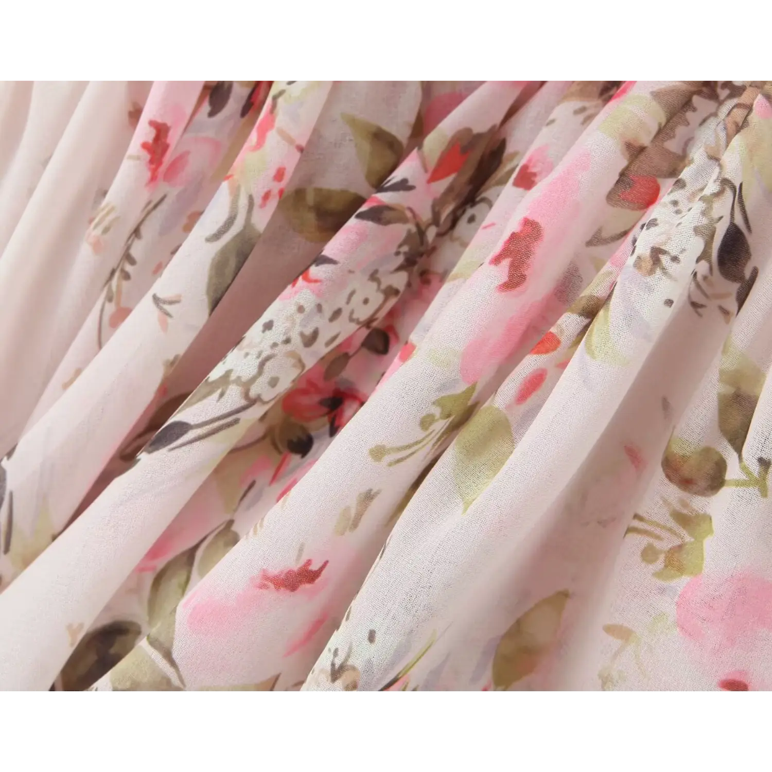 Close‑up fabric texture of pink floral chiffon dress, watercolor floral print, lightweight flowy material