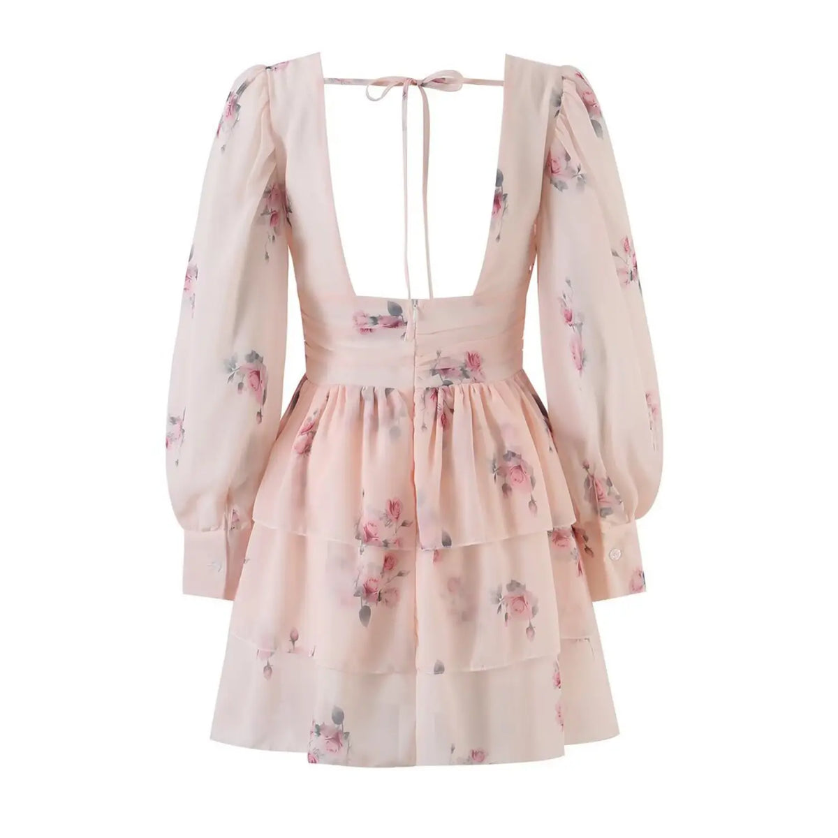 Pink rose floral chiffon mini dress, open back with tie string, long puff sleeves, layered ruffle skirt, back zipper closure