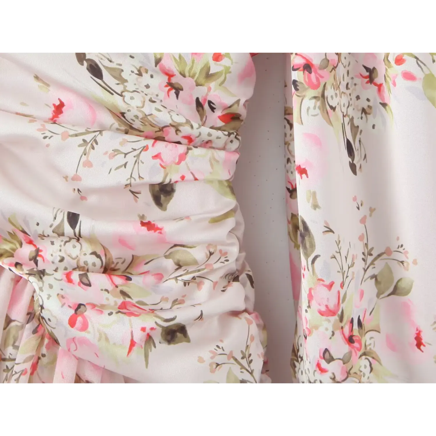 Close‑up ruched waist fabric detail, pink watercolor floral print chiffon dress