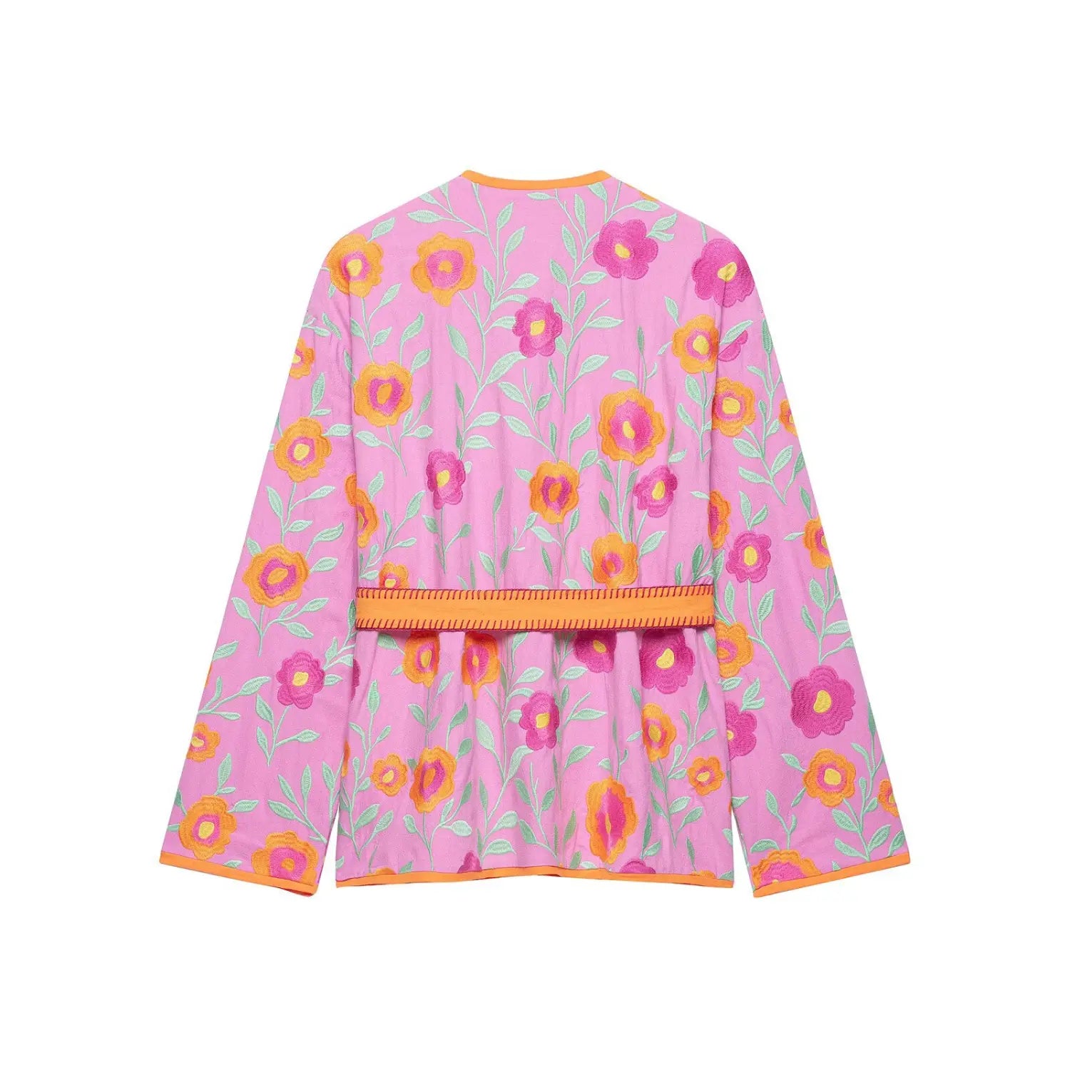 Bohemian pink flower embroidered kimono jacket back view, orange waist belt long sleeve outerwear