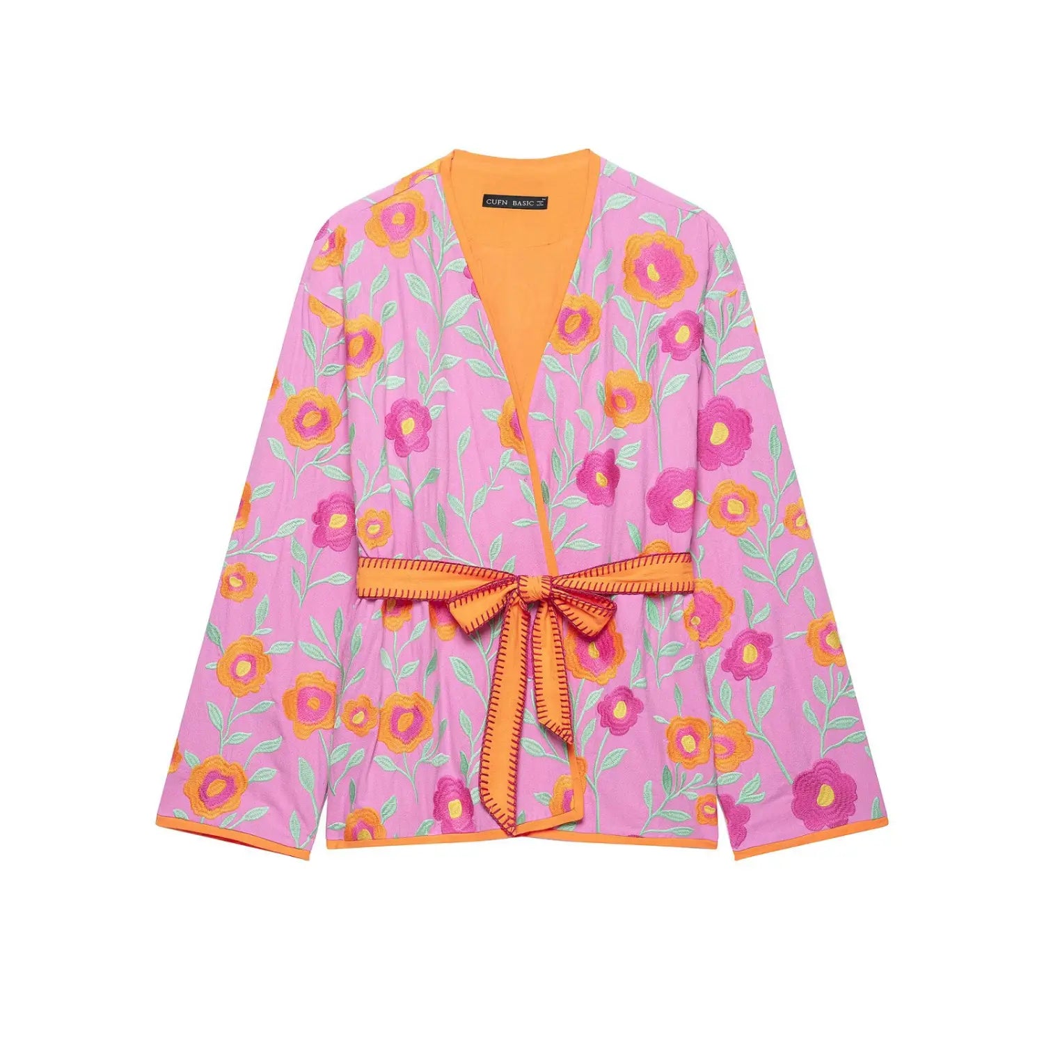 Pink base floral embroidery V-neck wrap kimono jacket with orange belt, boho long sleeve tie waist outerwear front view