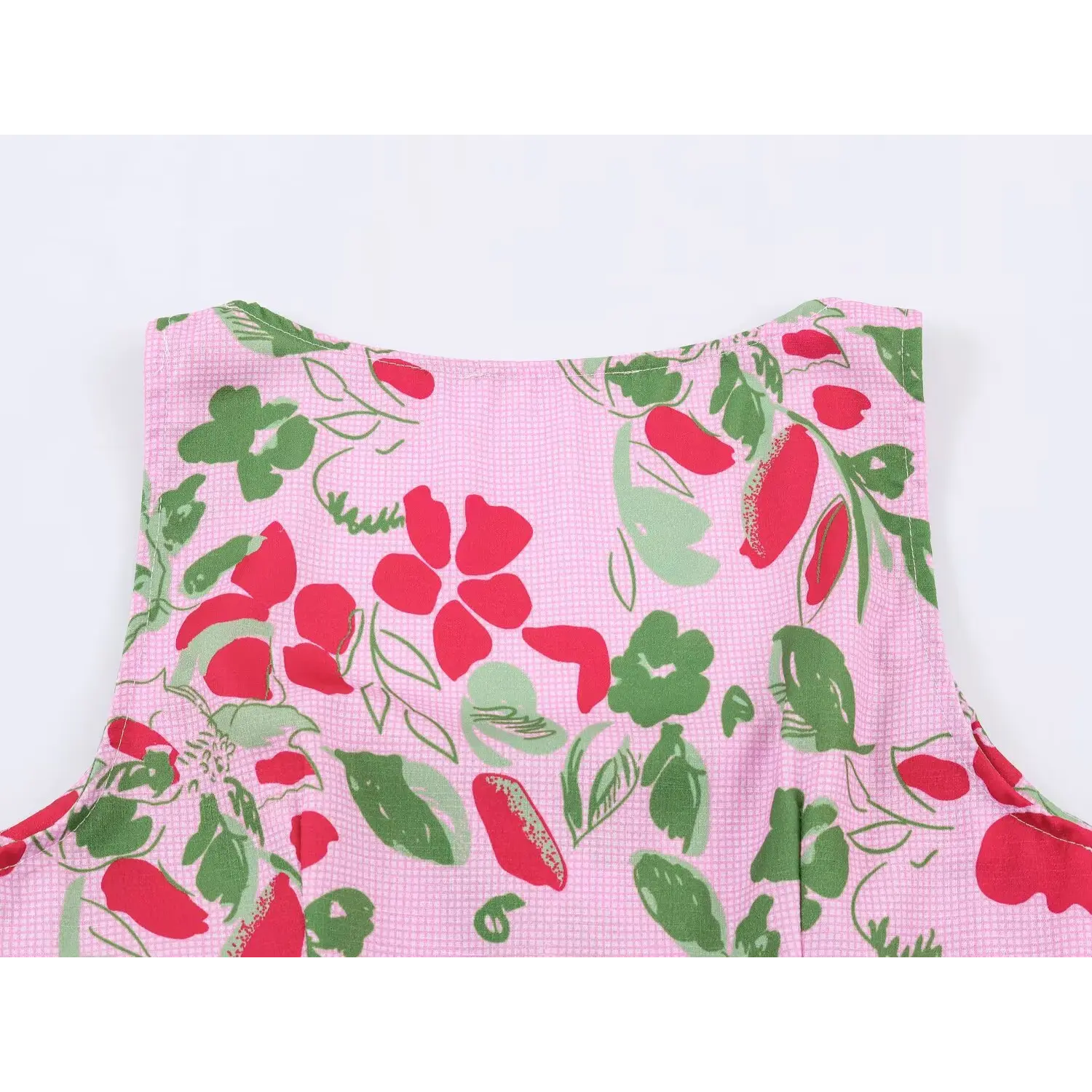 Back fabric print detail of pink floral fruit print sleeveless crop top