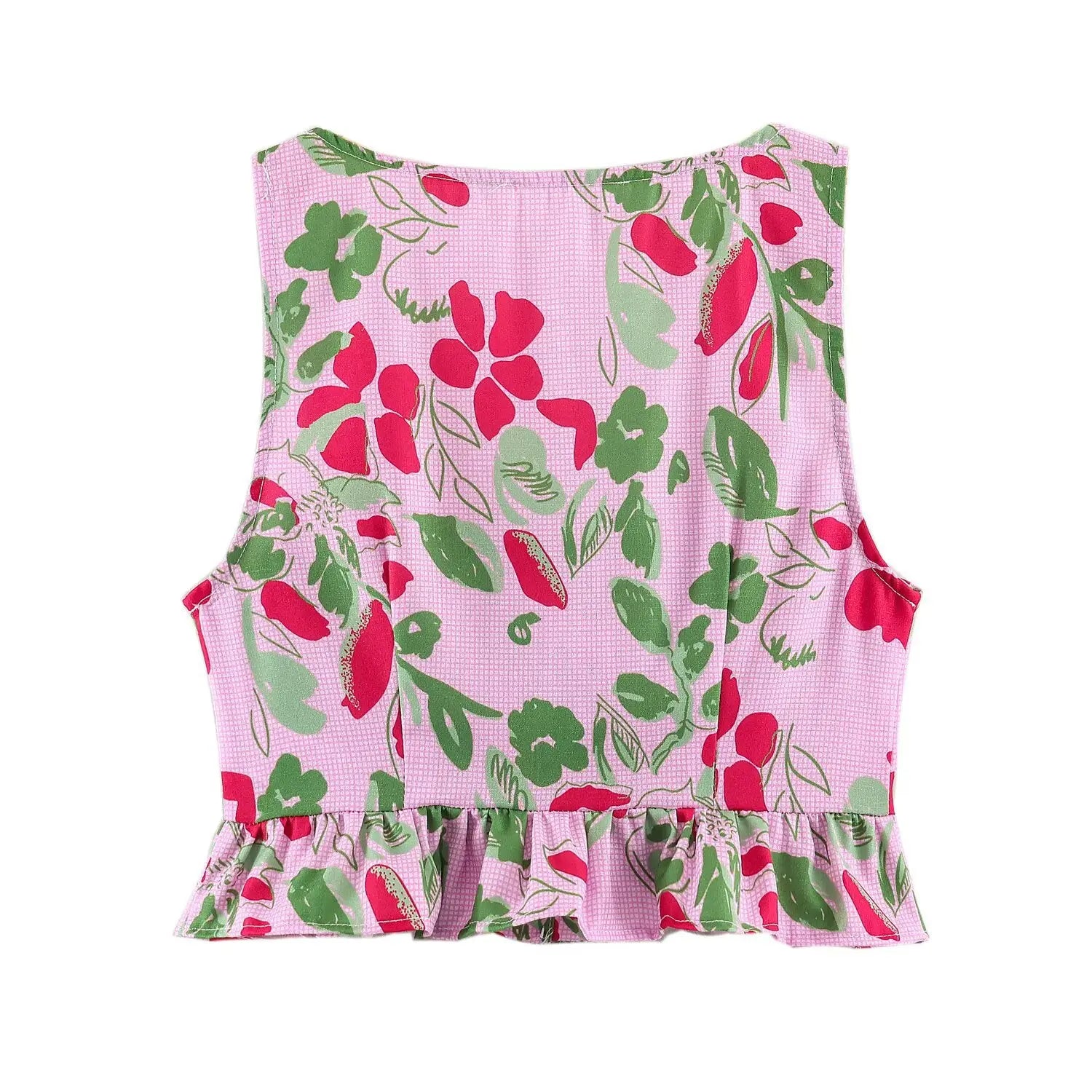 Back flat view of pink floral fruit print sleeveless ruffle hem crop top