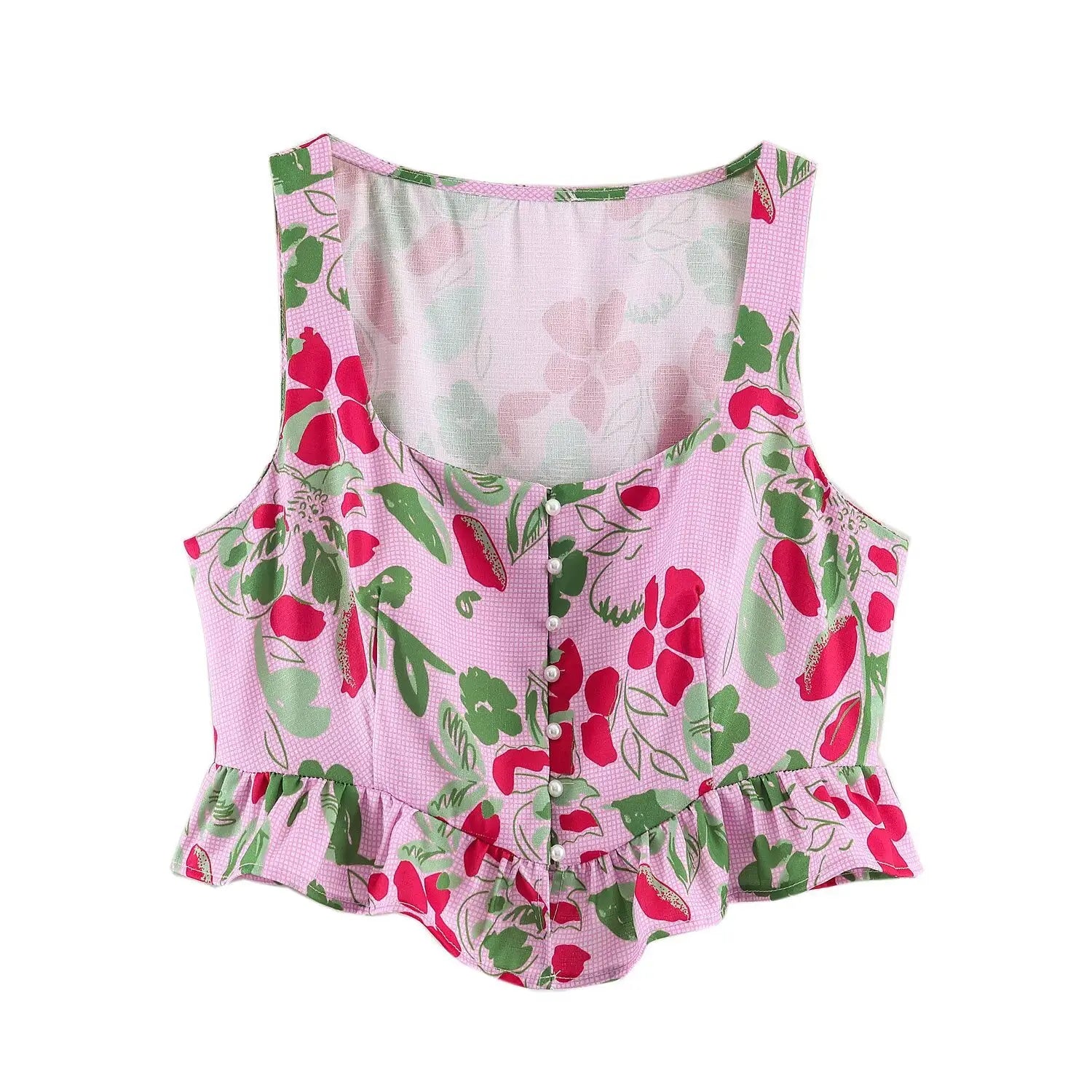 Pink floral fruit print sleeveless ruffle hem crop top front flat view