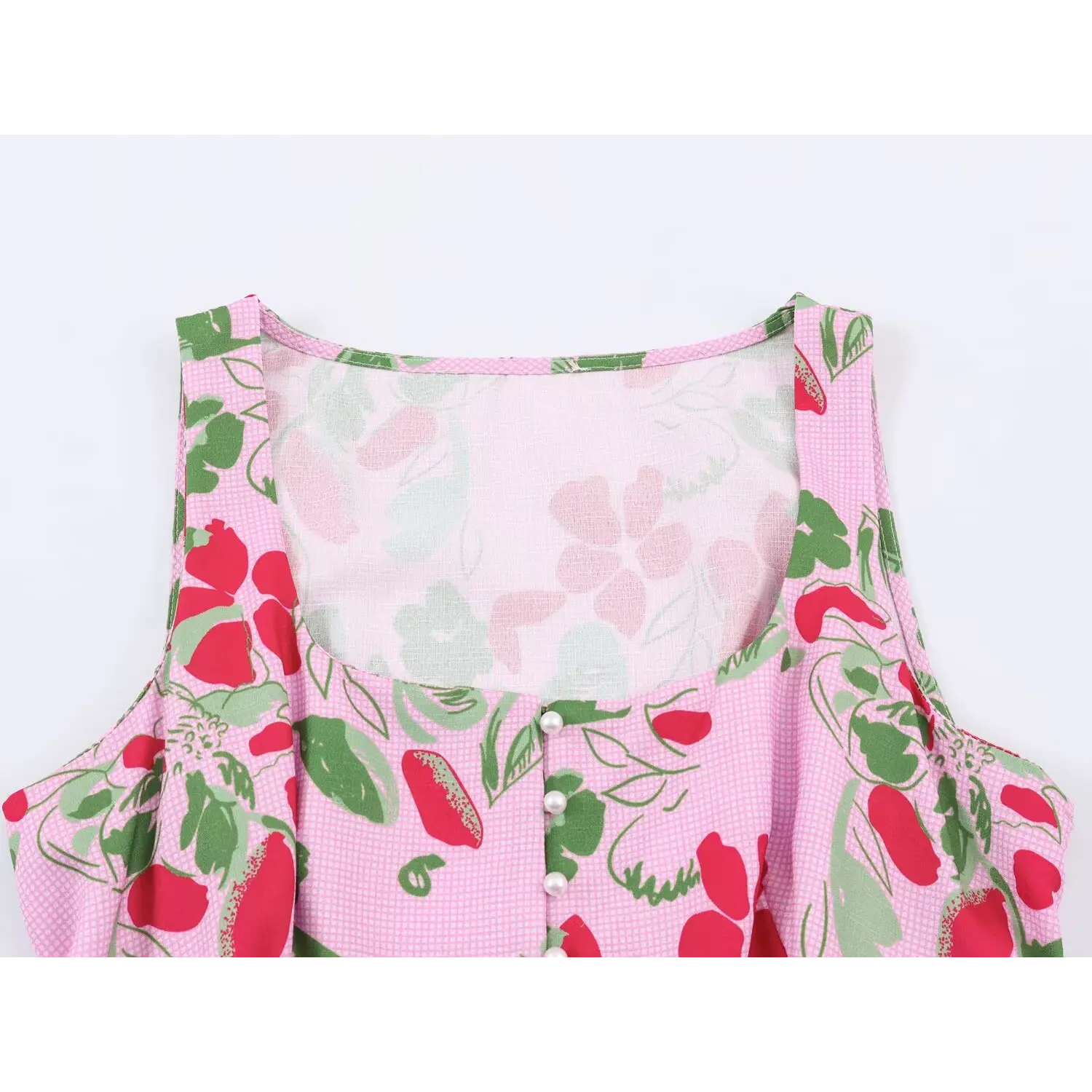 Square neckline detail of pink floral fruit print sleeveless crop top