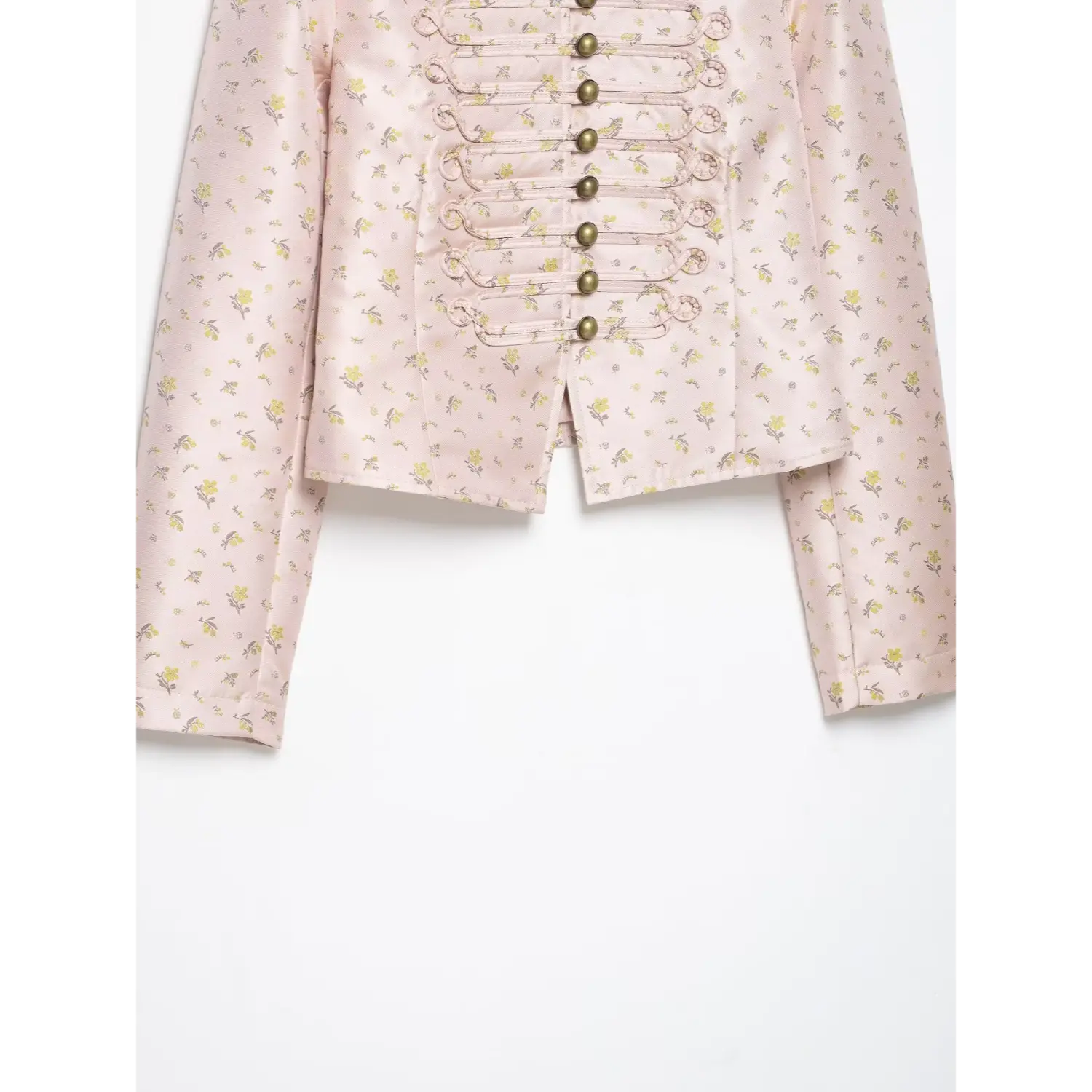 Waist and hem overview shot pink ditsy floral satin military cropped jacket front silhouette