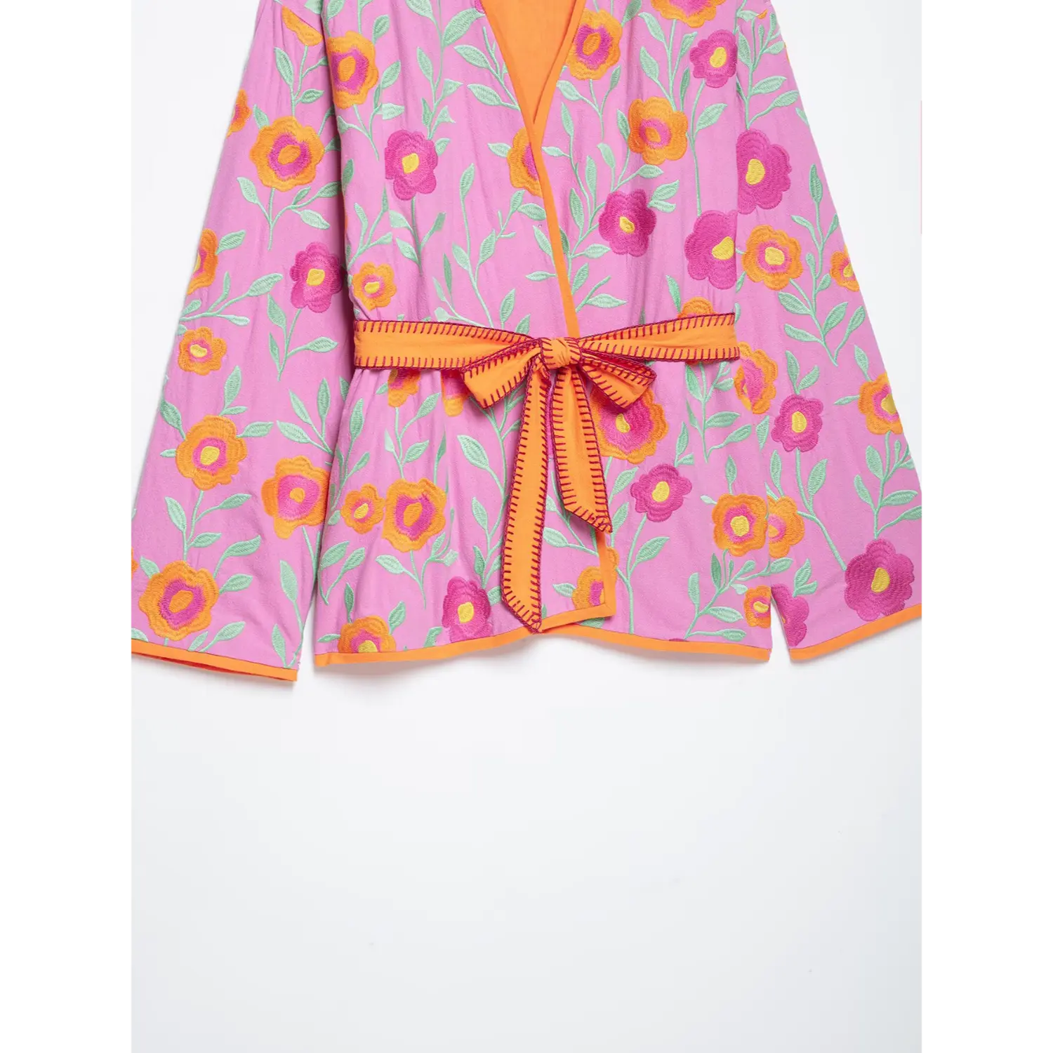 Full front detail shot boho pink flower embroidery wrap jacket with self tie orange belt