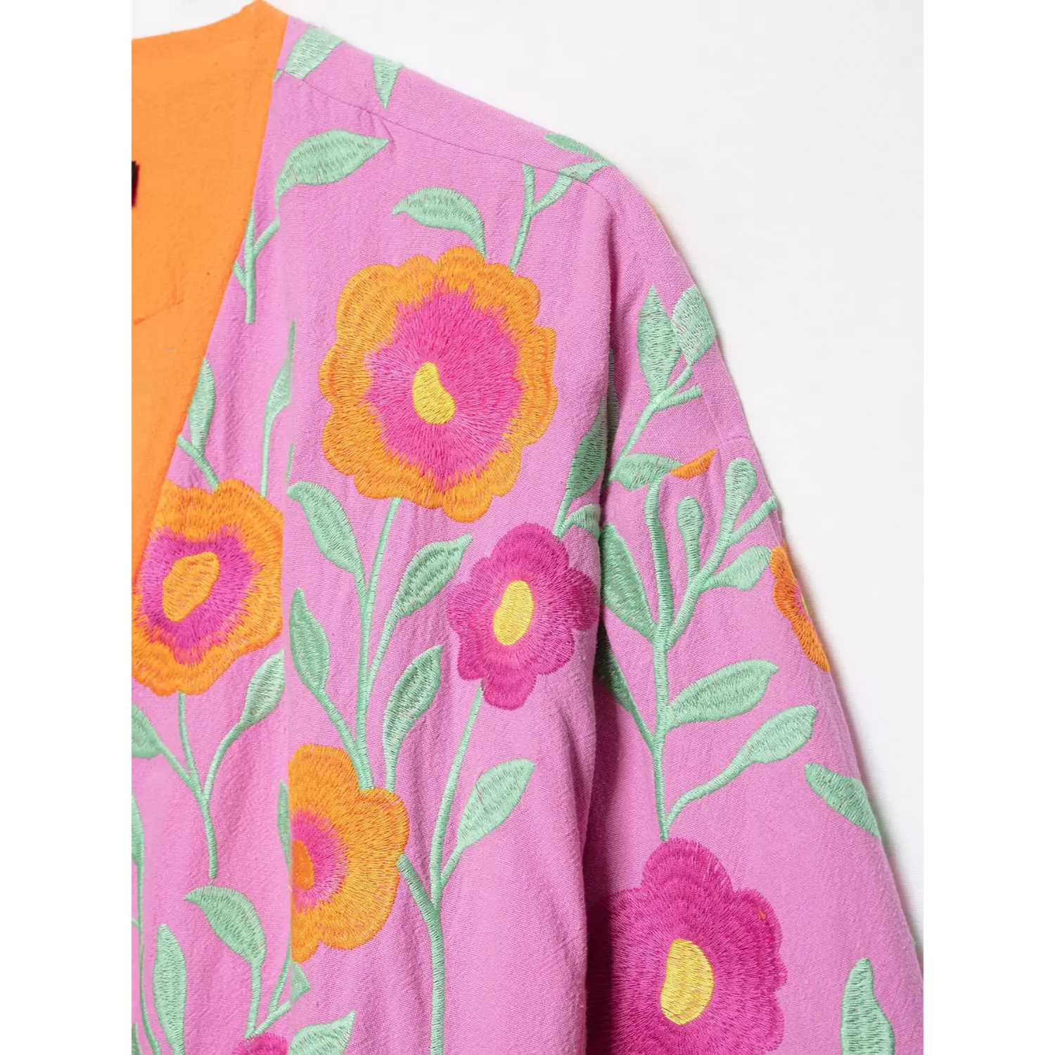 Close-up floral and leaf embroidery on sleeve of pink wrap kimono jacket