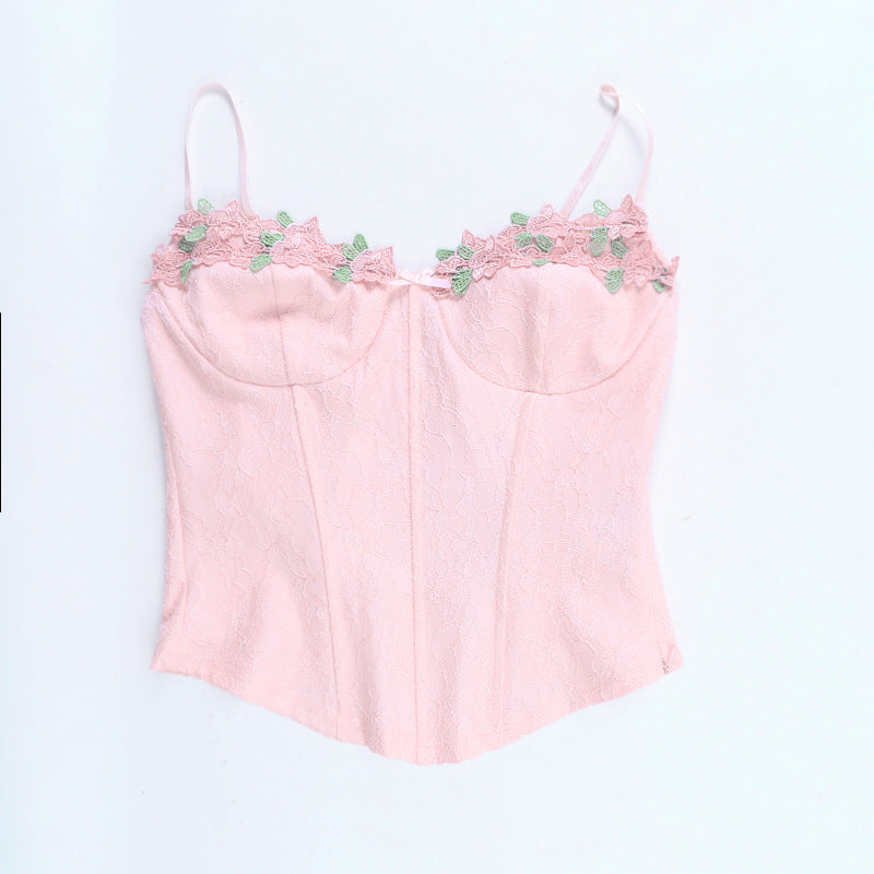 Studio flat‑lay front pink floral lace corset cami top boned structured bodice