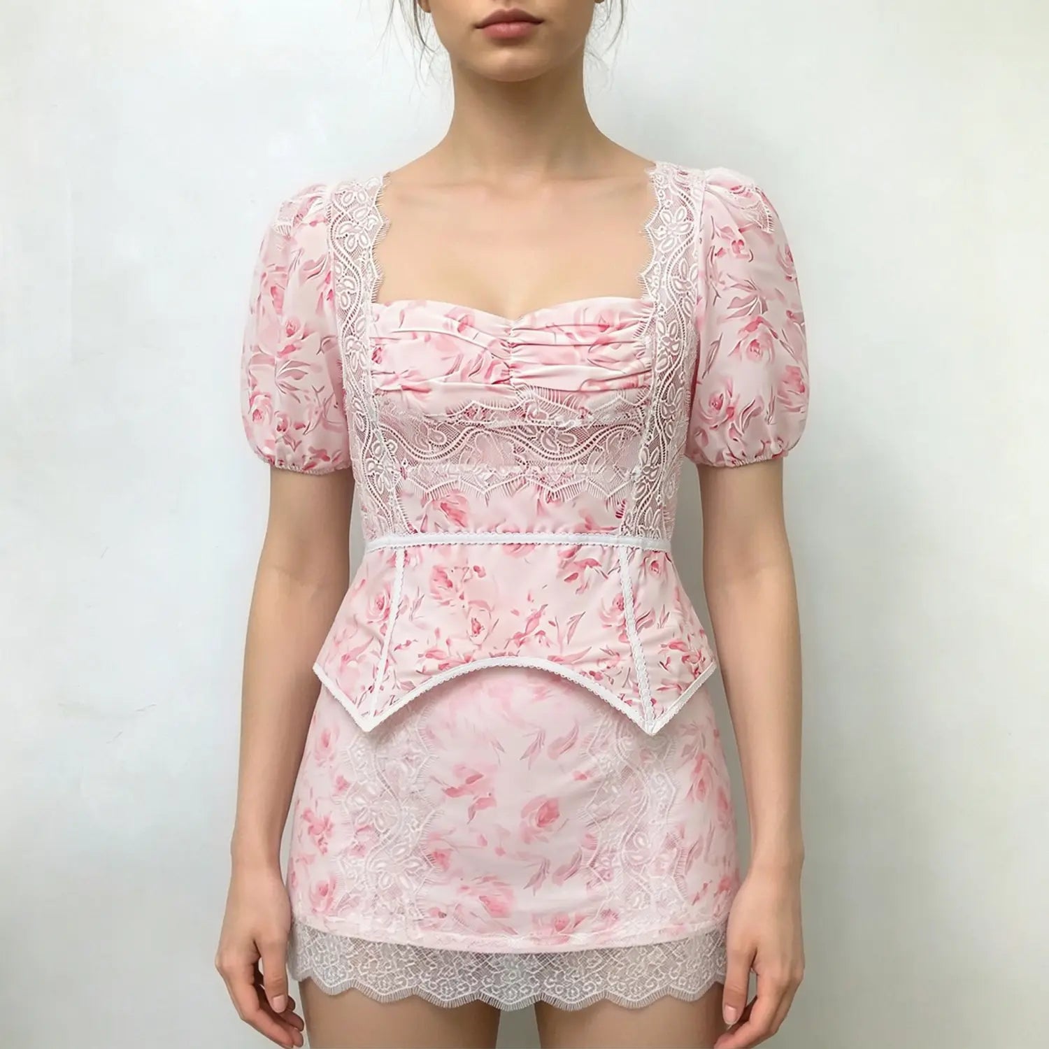 Model front view, pink rose floral print two‑piece outfit, puff sleeve lace corset top and lace trim mini skirt, sweetheart neckline peplum hem