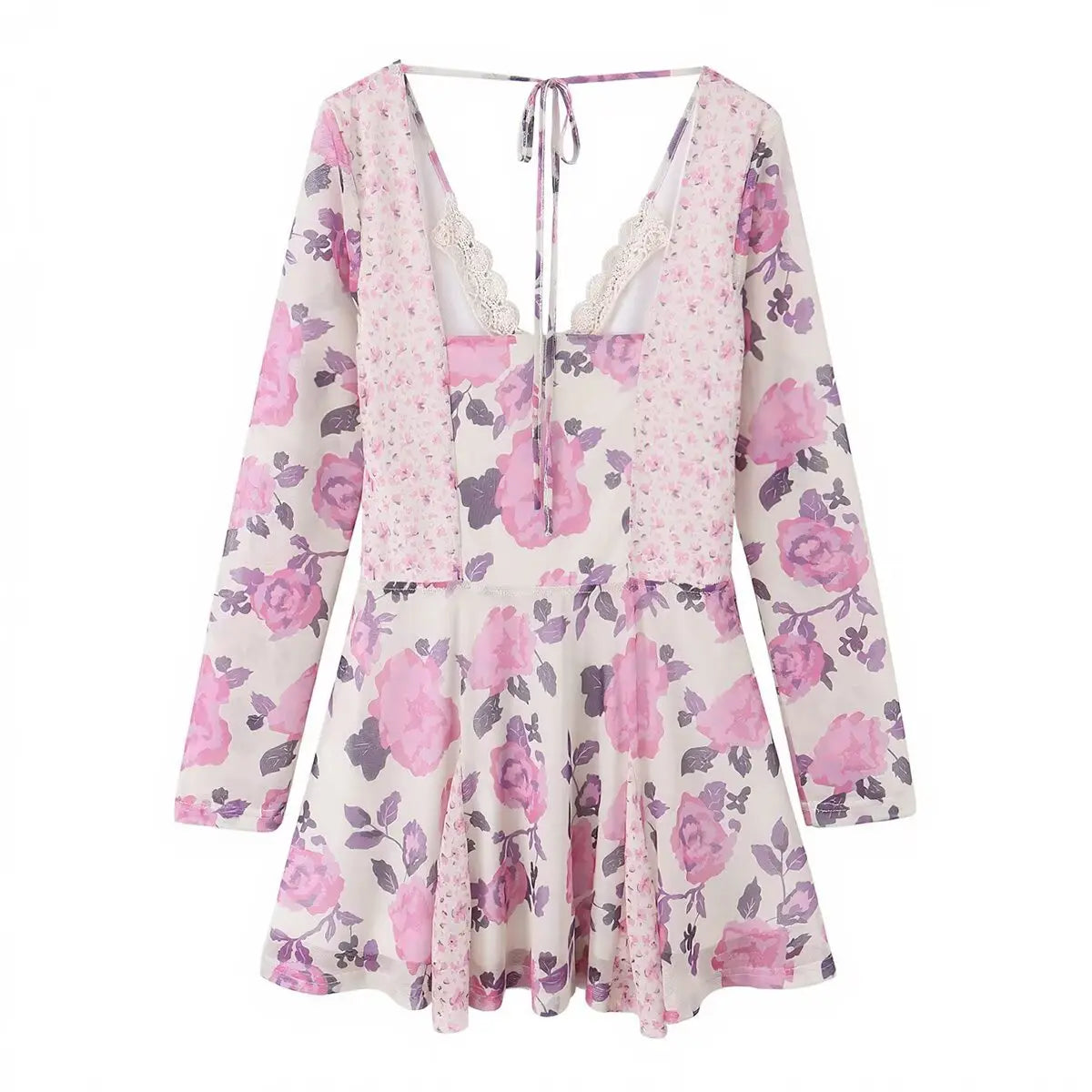 Back view of a long-sleeve mini dress with a pink and purple rose print, featuring lace-trimmed V-neck, keyhole tie closure, and flared skirt.