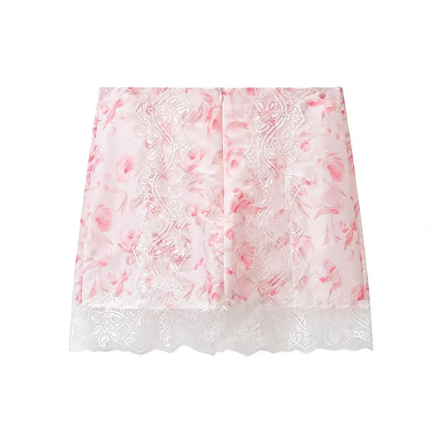 Back view pink floral satin mini skirt with lace inserts and rear zipper