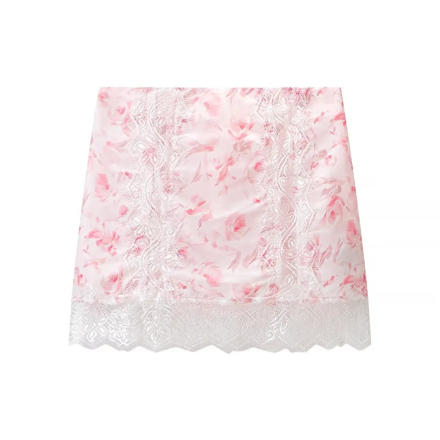 Pink floral high waisted mini skirt with vertical white lace panels front view