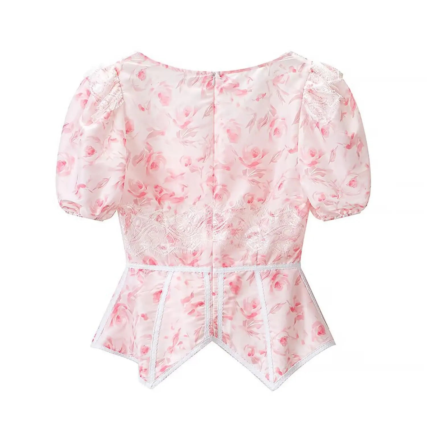 Back view pink floral corset peplum top with lace panel and back zipper