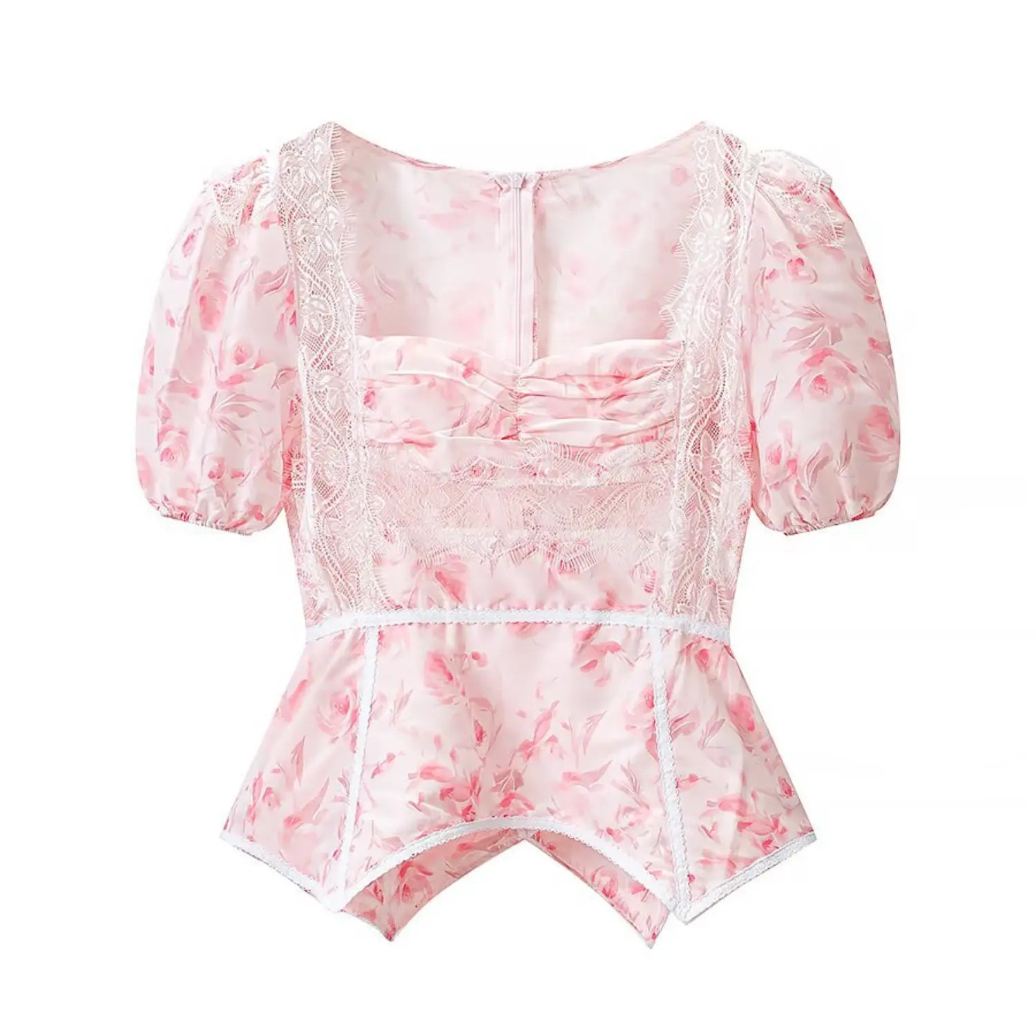 Pink floral square neck peplum top with white lace trim and puff short sleeves front view