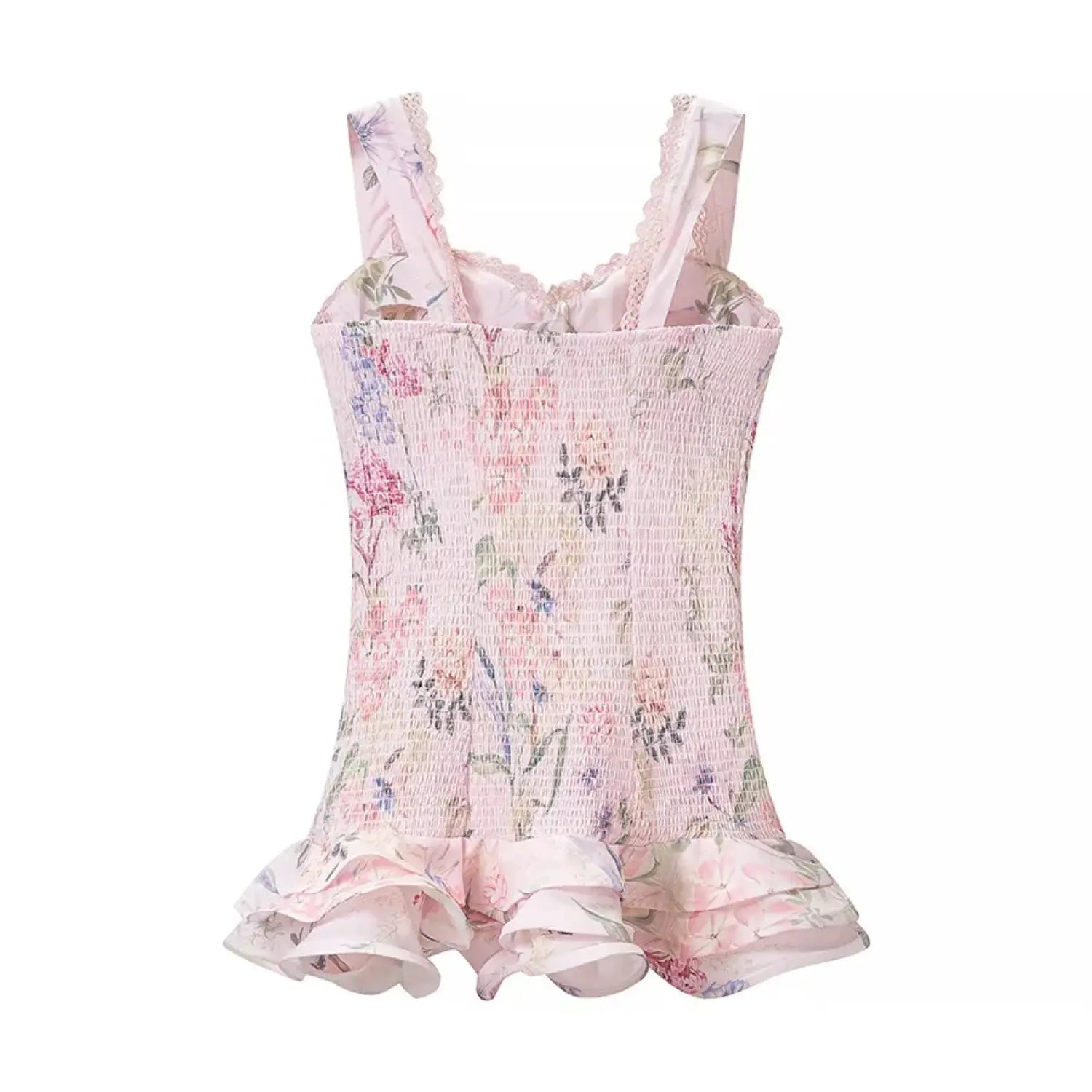 Complete back flat view, solid back panel with full vertical smocked elastic, allover mixed pink & purple floral print, flowy double ruffle skirt hem
