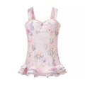 1. Full front flat lay main shot, light pink watercolor floral mini slip dress, scalloped lace trim wide straps, sweetheart bust, full side smocked shirring, layered ruffle hem, built-in bra padding