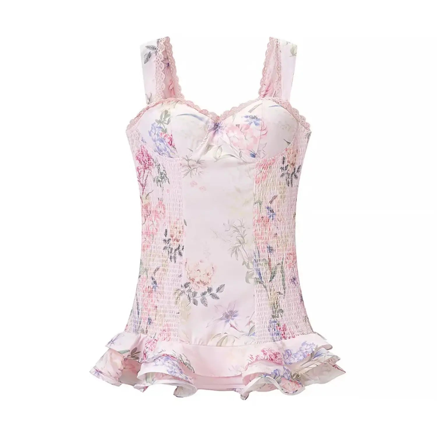 1. Full front flat lay main shot, light pink watercolor floral mini slip dress, scalloped lace trim wide straps, sweetheart bust, full side smocked shirring, layered ruffle hem, built-in bra padding