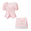 Flat lay pink floral lace puff sleeve peplum top matching mini skirt two piece set