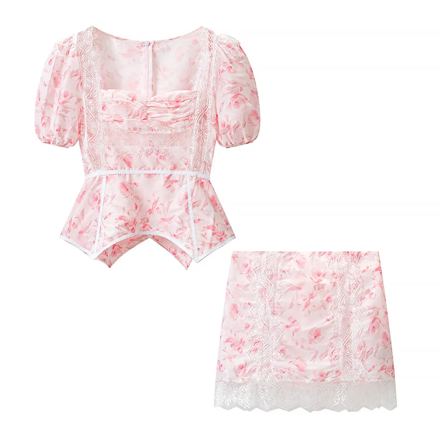 Flat lay pink floral lace puff sleeve peplum top matching mini skirt two piece set