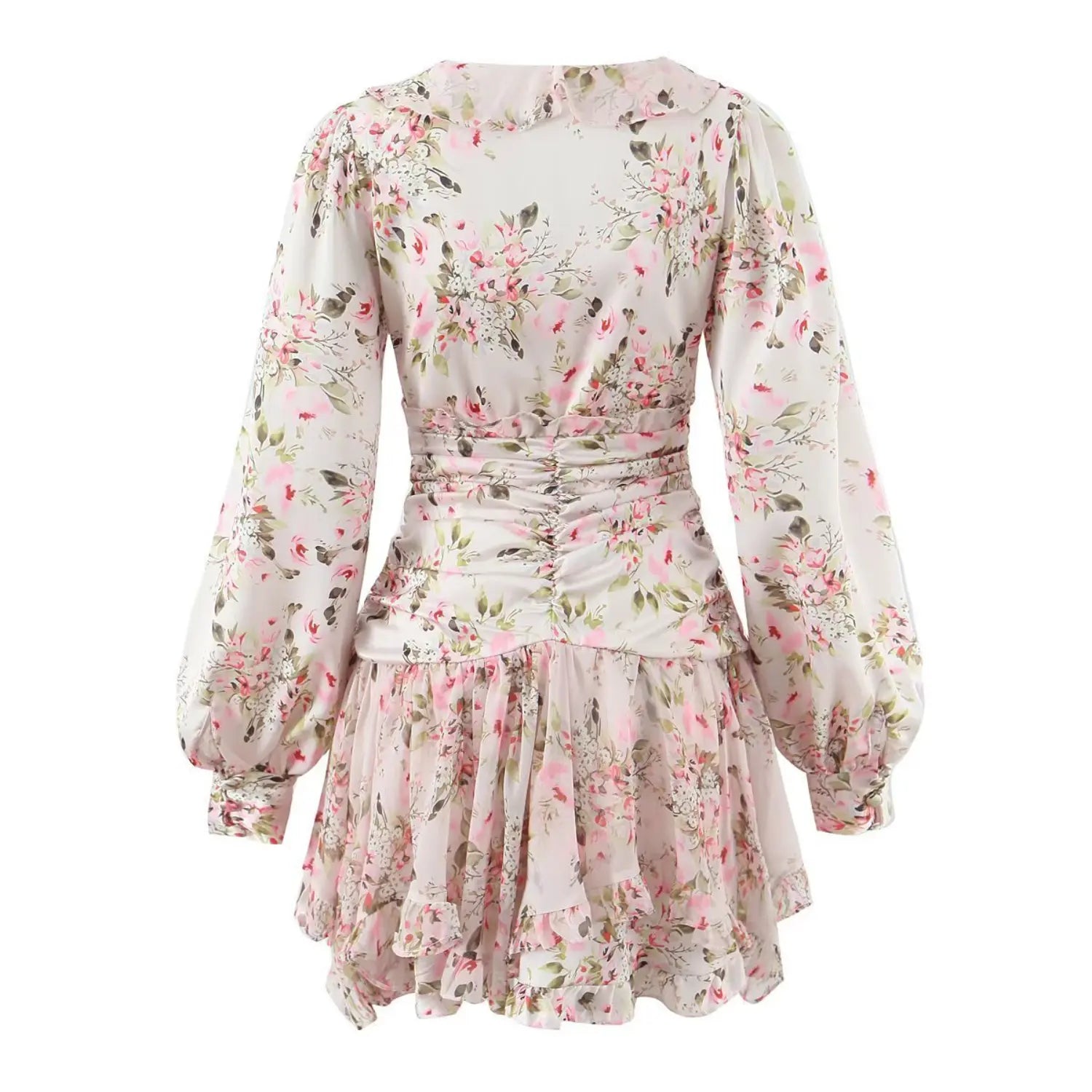 Back view of pink floral long sleeve mini dress, ruched back waist, ruffle collar, balloon long sleeves