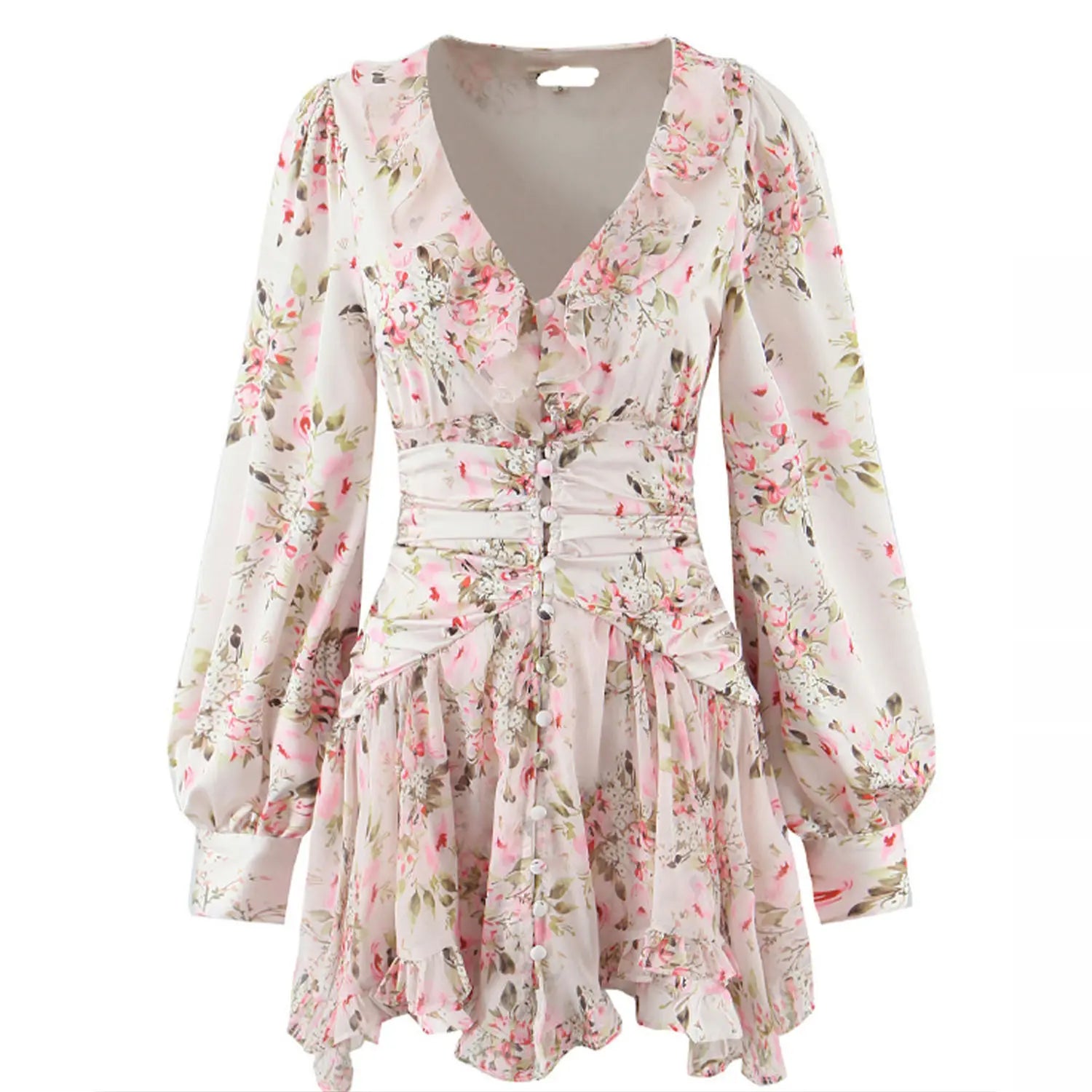 Front view pink floral long sleeve mini dress, v‑neck ruffle trim, ruched waist, front button detail, tiered ruffle skirt