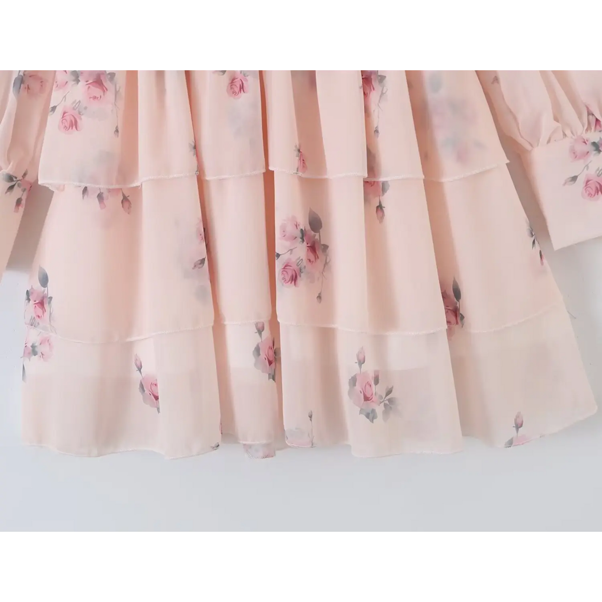 Wide view of multi-layer ruffle skirt, flowy chiffon with vintage rose print, loose and swing hem
