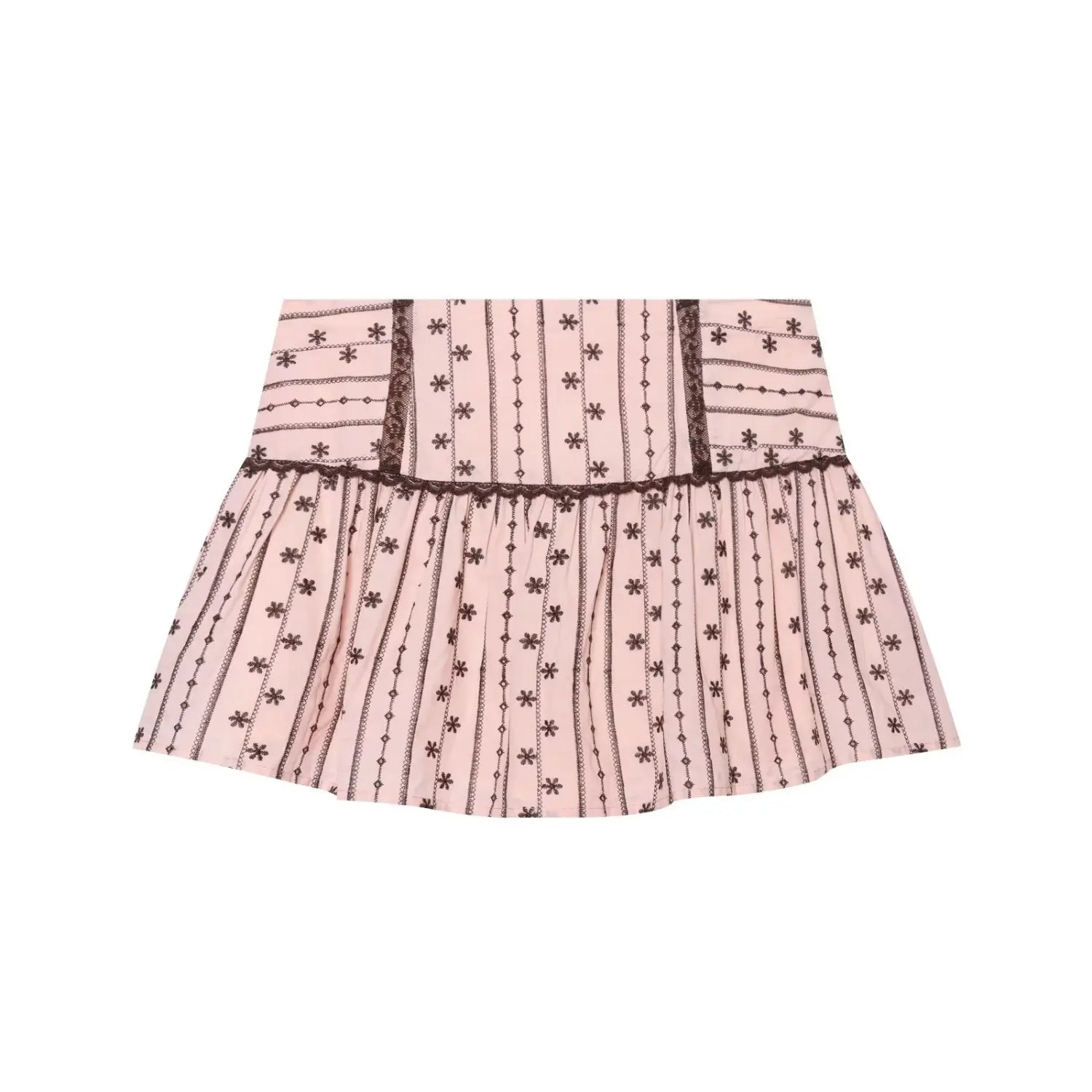 Complete flat back view of pink mini skirt, rear invisible side zipper, vertical floral embroidery pattern, tiered gathered flounce hem