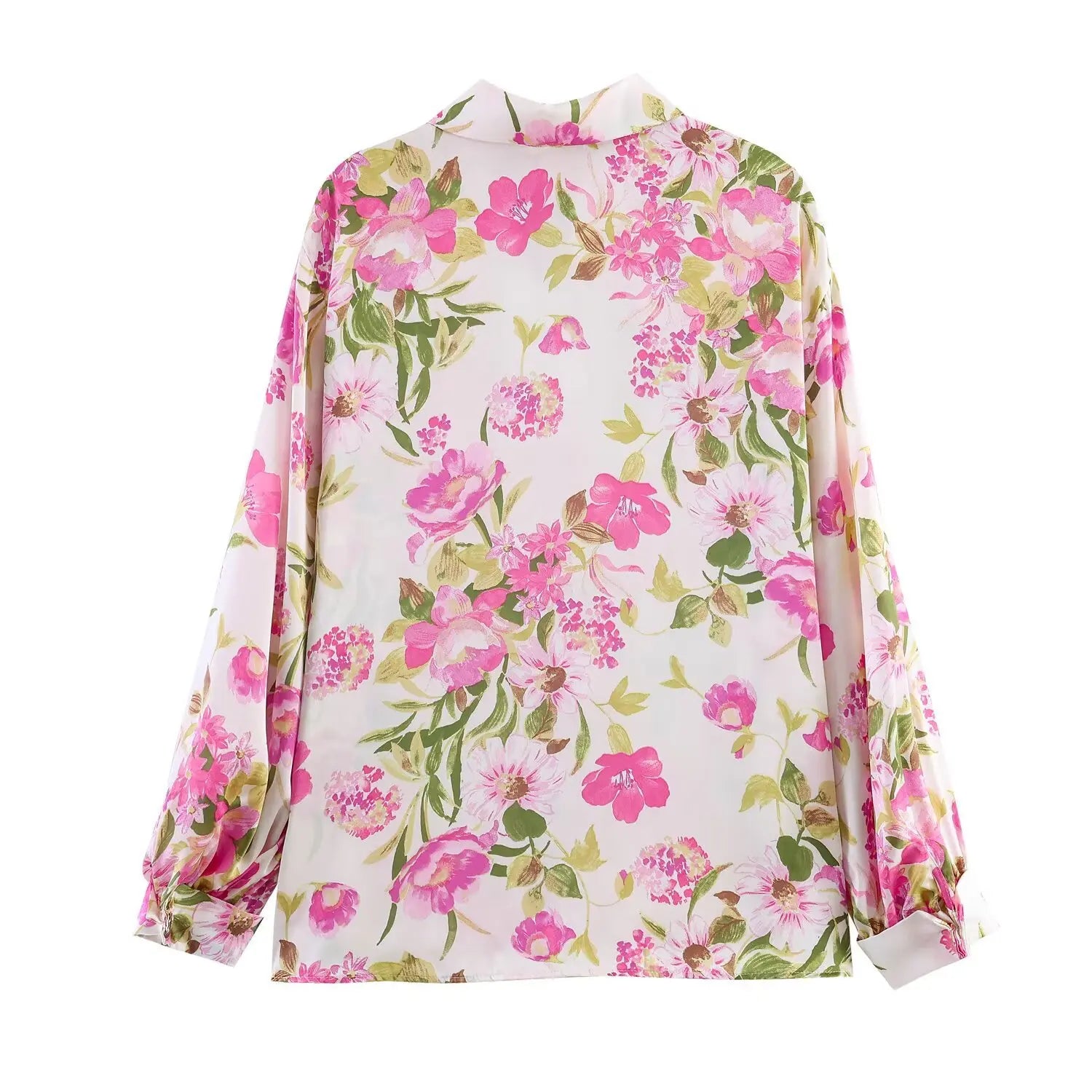 Complete back flat view, all-over pink flower print, smooth glossy satin fabric, straight loose hem