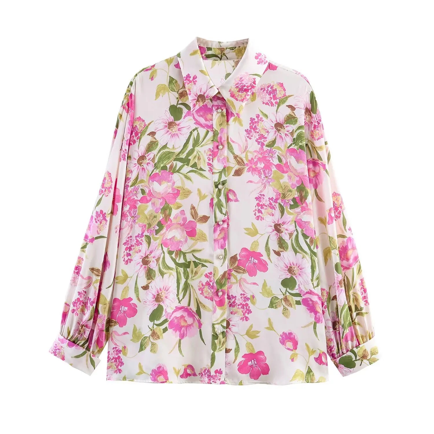 Full front flat lay main shot, white base pink peony floral satin blouse, lapel collar, pearl button placket, loose long sleeve