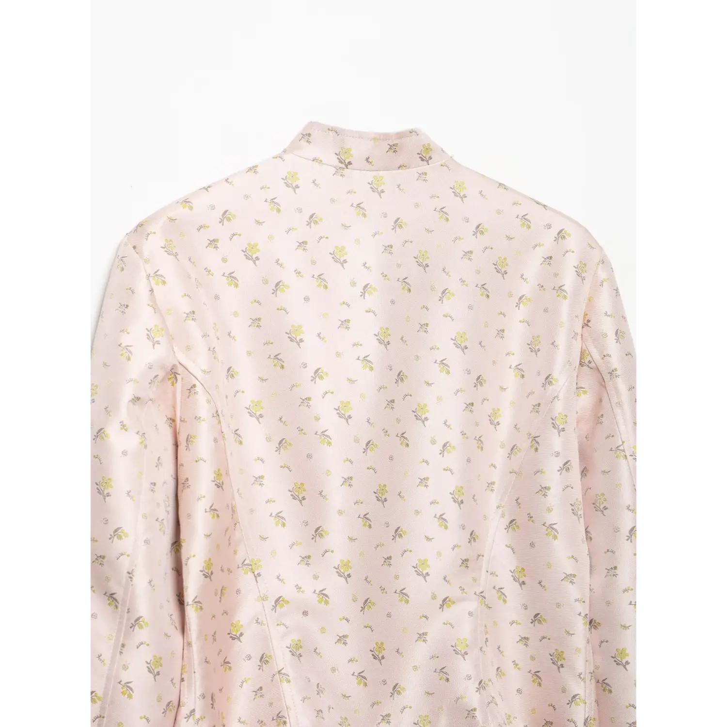 Full back view pink yellow floral satin stand collar tailored cropped military jacket