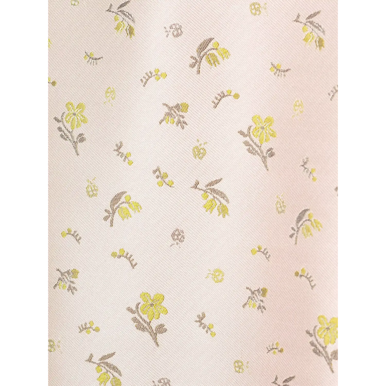 Extreme close-up fabric texture, pink base yellow small floral woven satin material