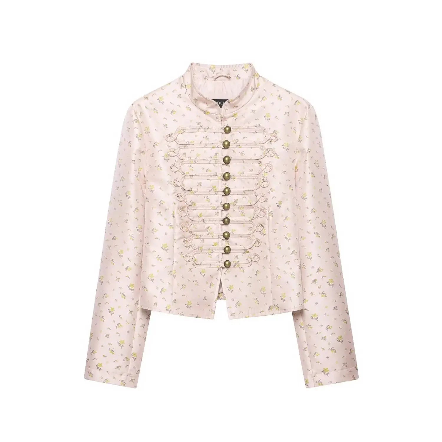 Front view pink ditsy floral satin stand collar military style cropped jacket with antique brass buttons