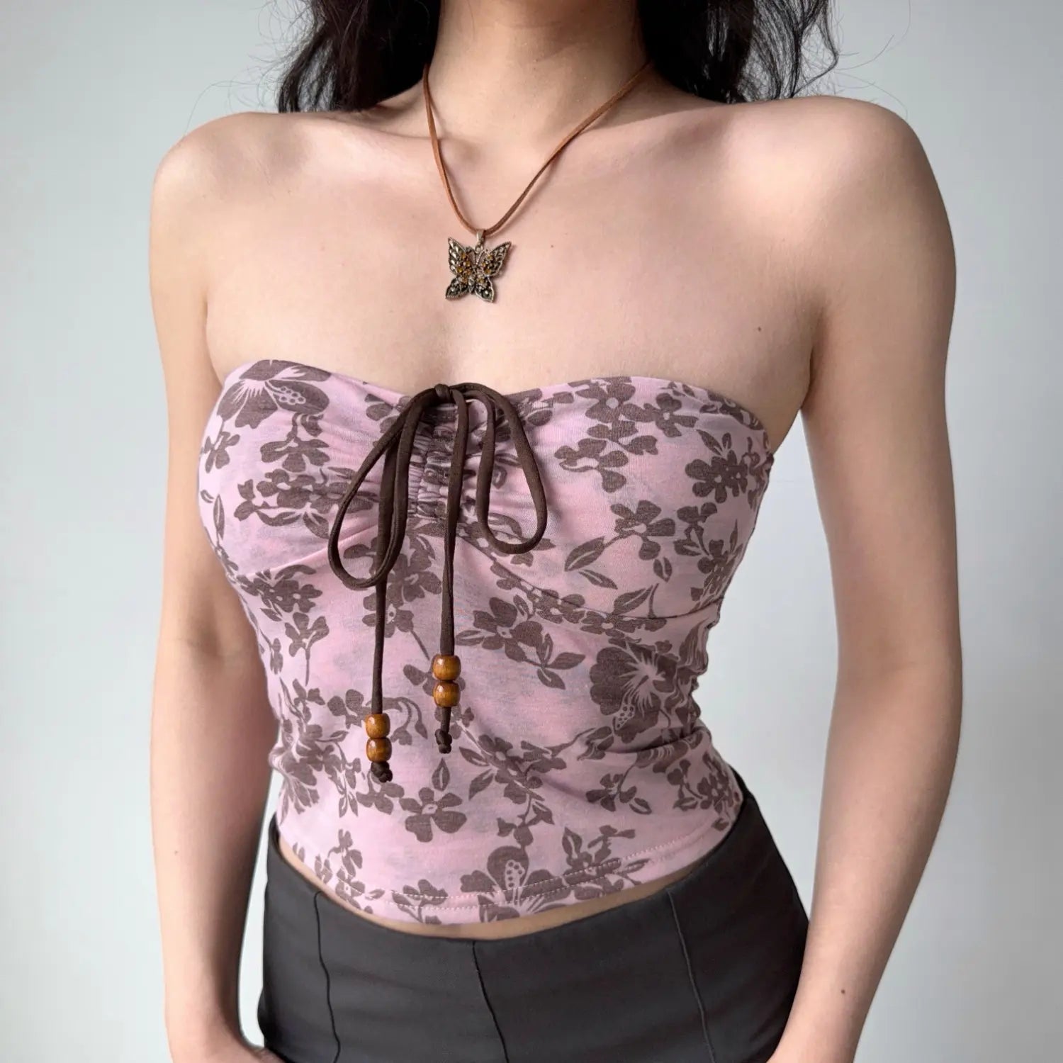 Pink brown floral print strapless tube top, front ruched drawstring with wooden bead tie, slim cropped vintage women cami top