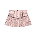 Studio white background full front shot of pink mini skirt, vertical floral stripe print, high waist with corset lace insets, scalloped lace waist seam, gathered ruffle hem, A-line silhouette