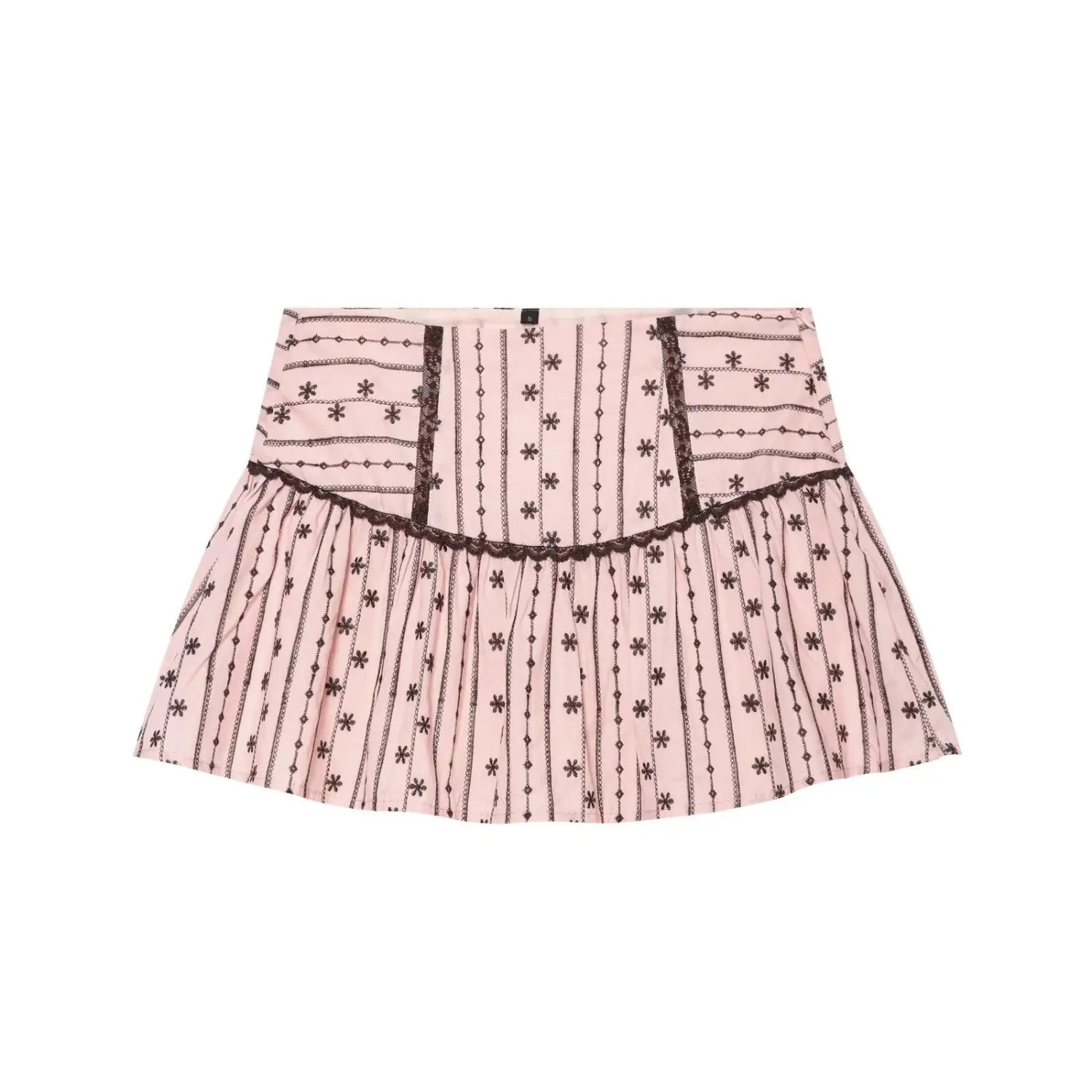 Studio white background full front shot of pink mini skirt, vertical floral stripe print, high waist with corset lace insets, scalloped lace waist seam, gathered ruffle hem, A-line silhouette