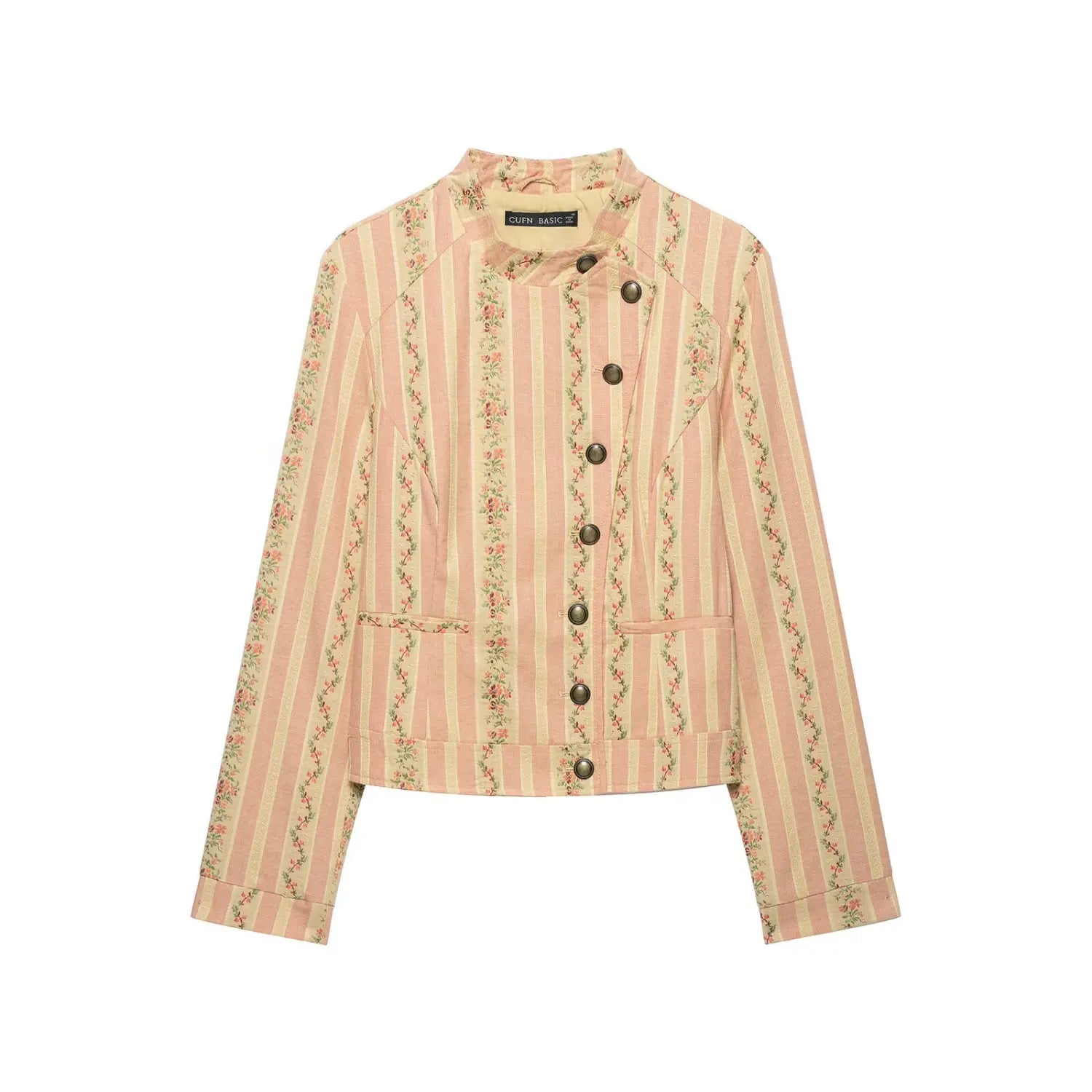 Front flat shot vintage pink floral stripe cropped jacket, stand collar, antique metal buttons, long sleeve casual outerwear