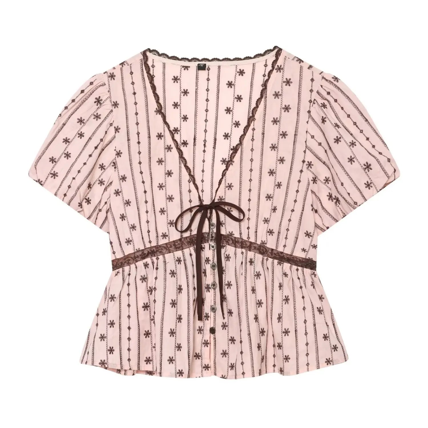 Studio white background full front shot of pink peplum blouse, V neck with brown lace trim, front ribbon tie, vertical floral stripe print, puff short sleeves, waist hollow lace panel, button down placket