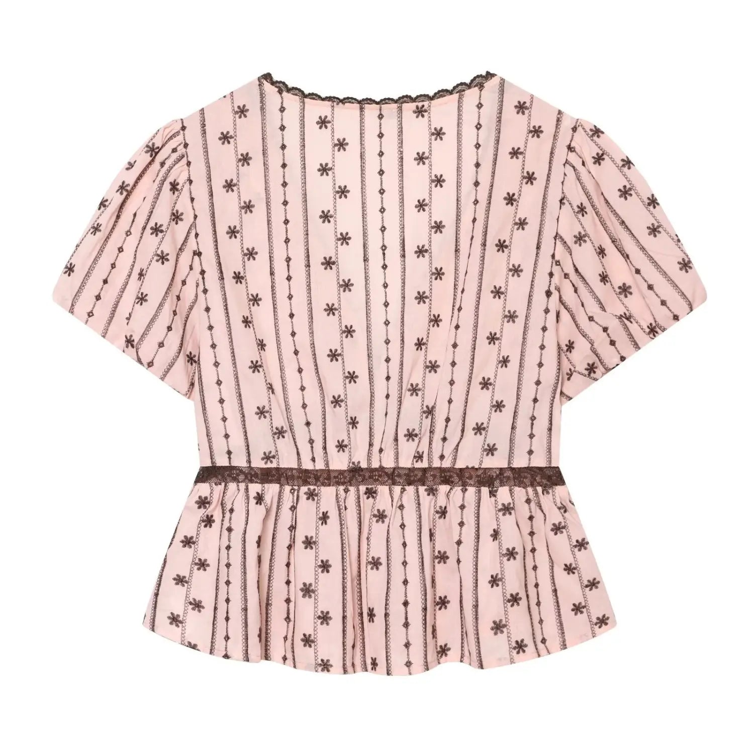 Complete flat back view of pink printed blouse, round back neck with scalloped lace binding, back waist shirring, peplum flared hem