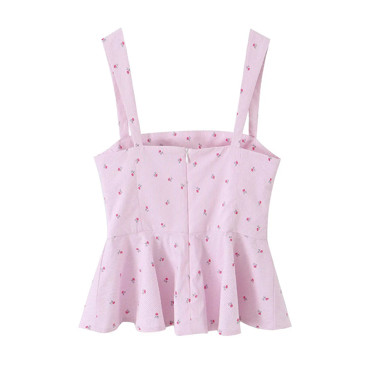 Back view of a pink peplum top with thin stripes and small floral prints, featuring wide straps and a center back zipper.