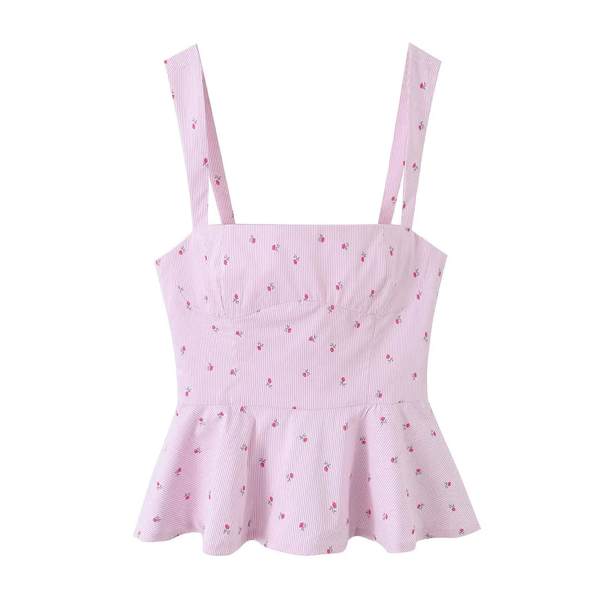 Front view of the same top, showing the square neckline, fitted bodice, and flared peplum hem.
