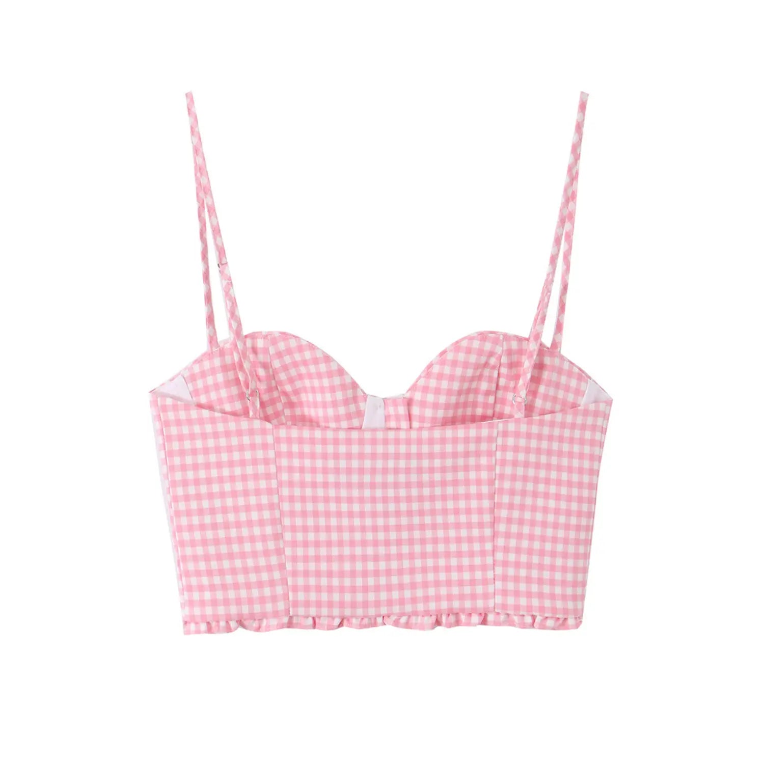Full back view on white background of the pink gingham corset cami, showing the boned construction